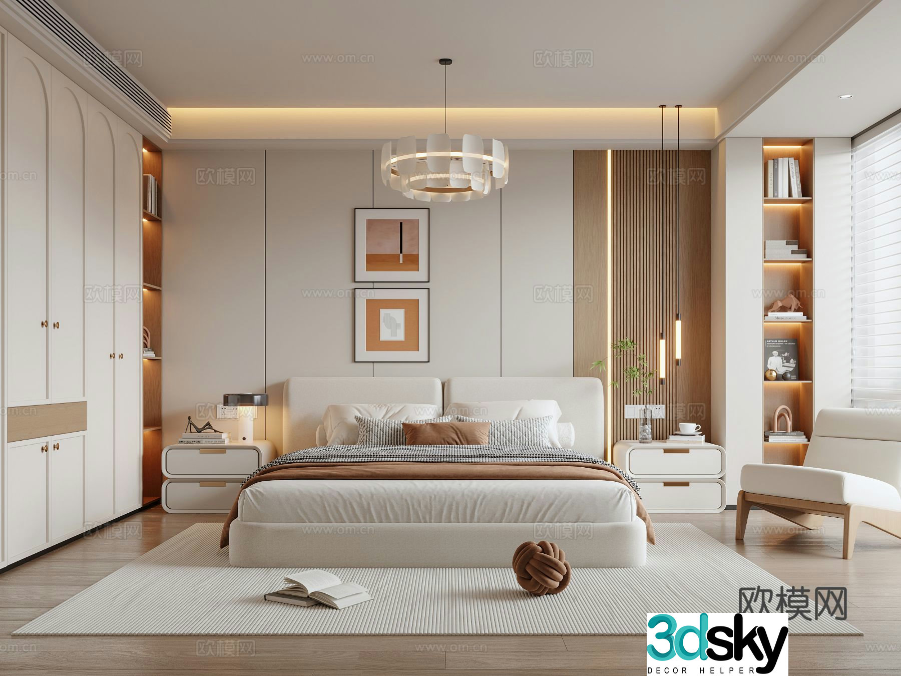 Modern creamy bedroom 3d model