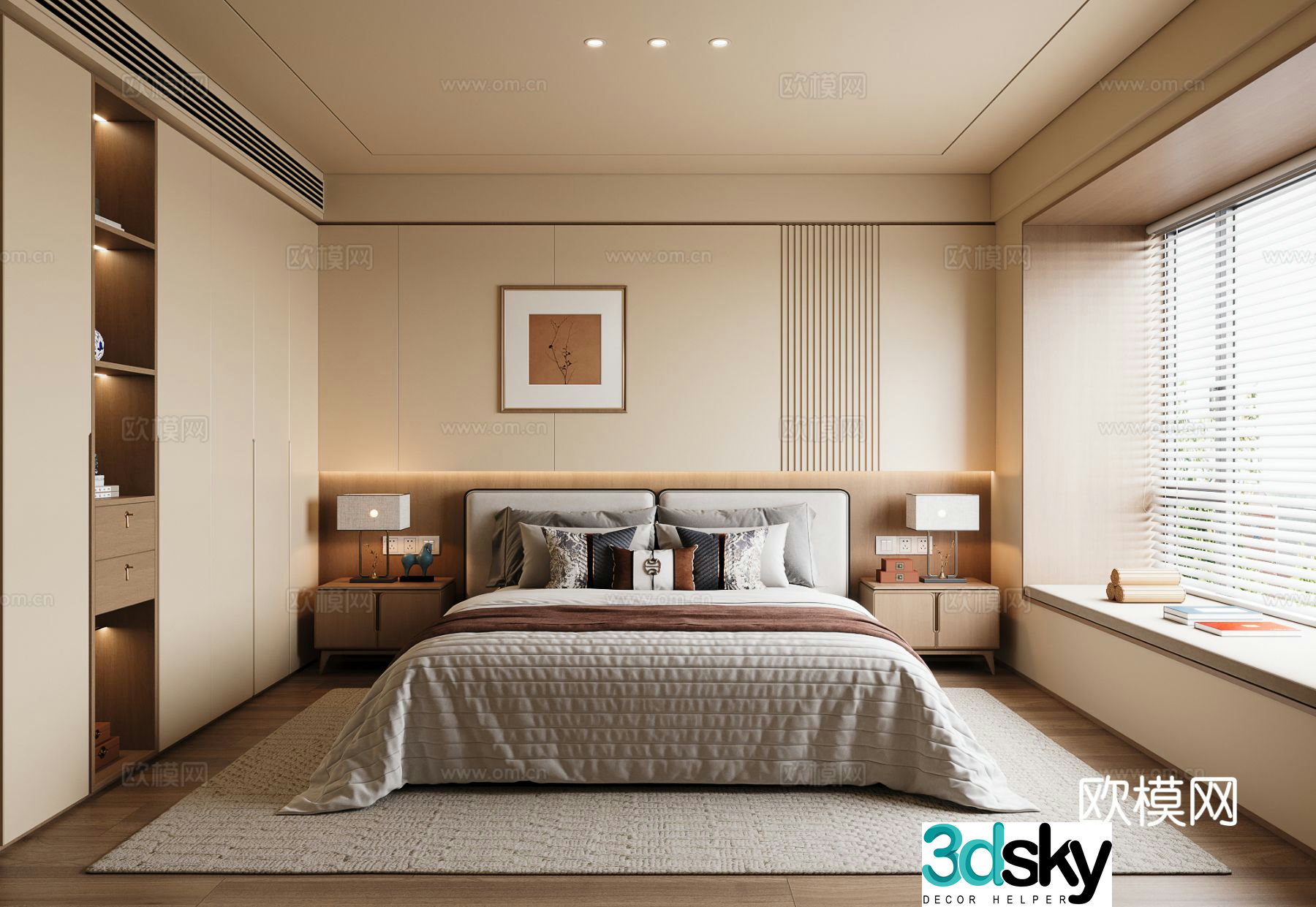 New Chinese style bedroom without lights New Chinese style double bed New Chinese style bedside table New Chinese style hanging painting 3D model