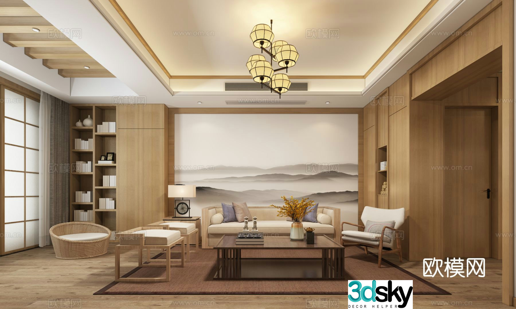 Zen Japanese style living room chandeliers desk lamp multi-person sofa single sofa coffee table 3D model