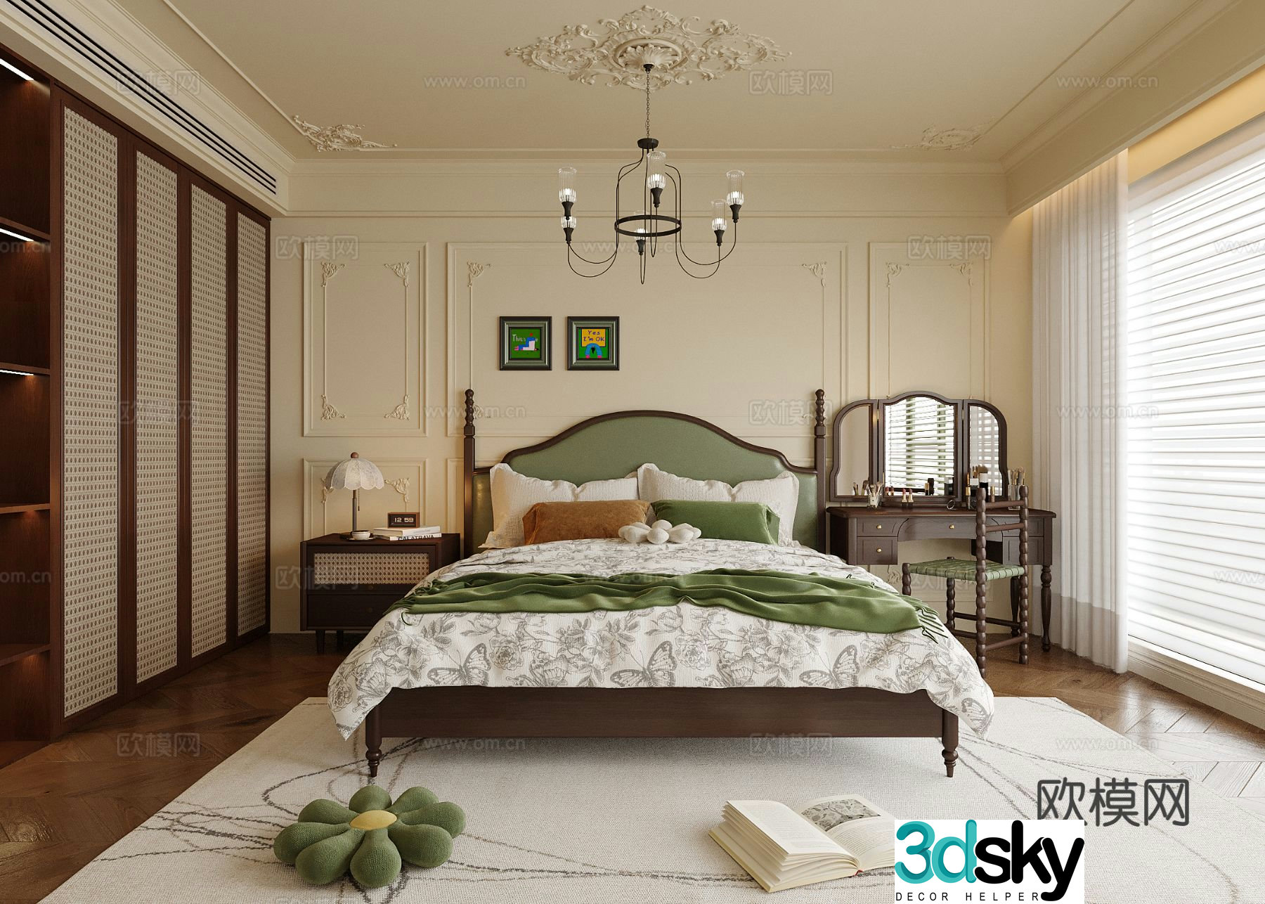 French bedroom double bed dressing table bedside table bedroom chandeliers 3d model