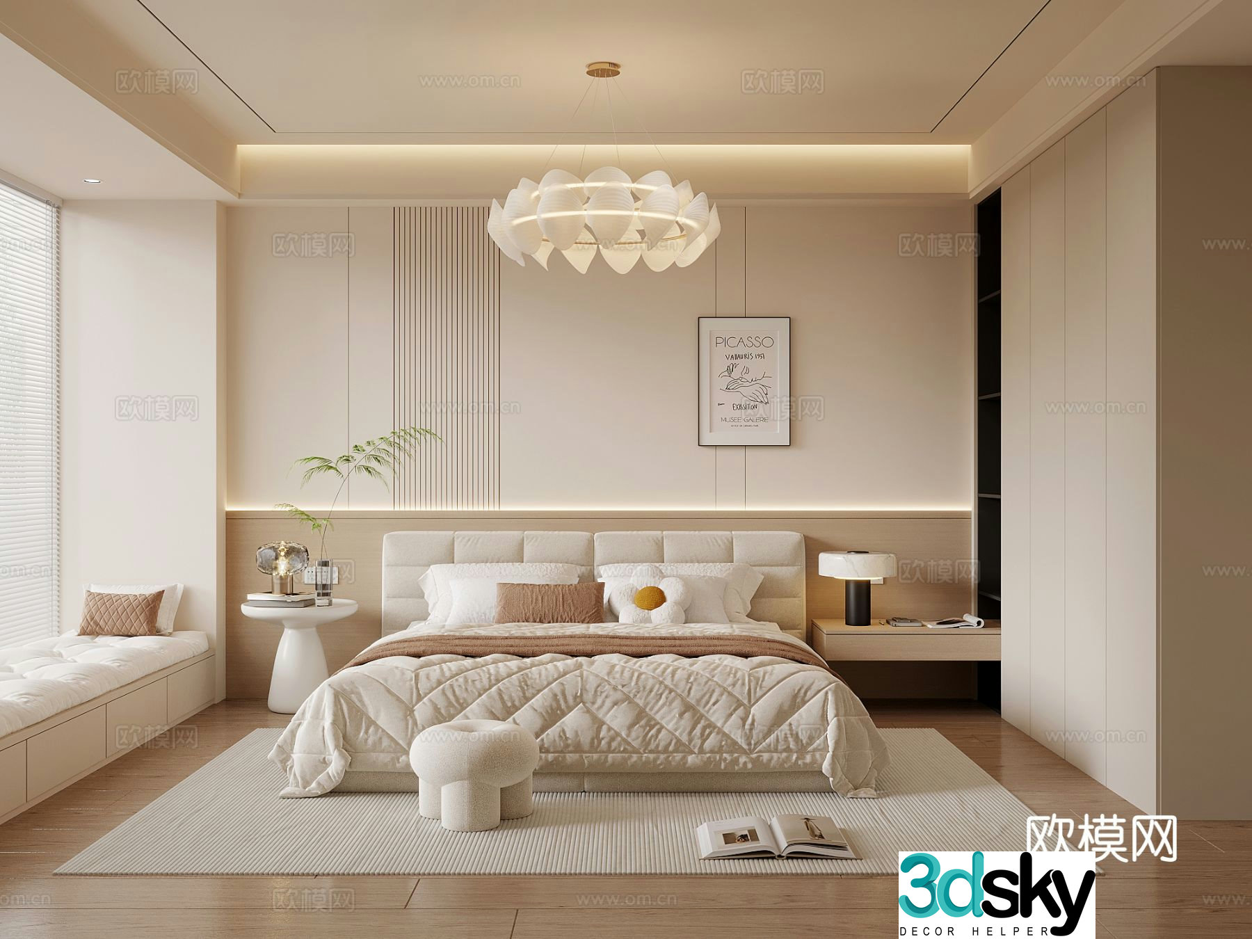 Creamy Bedroom Master Bedroom Double Bed Combination Chandelier 3D Model