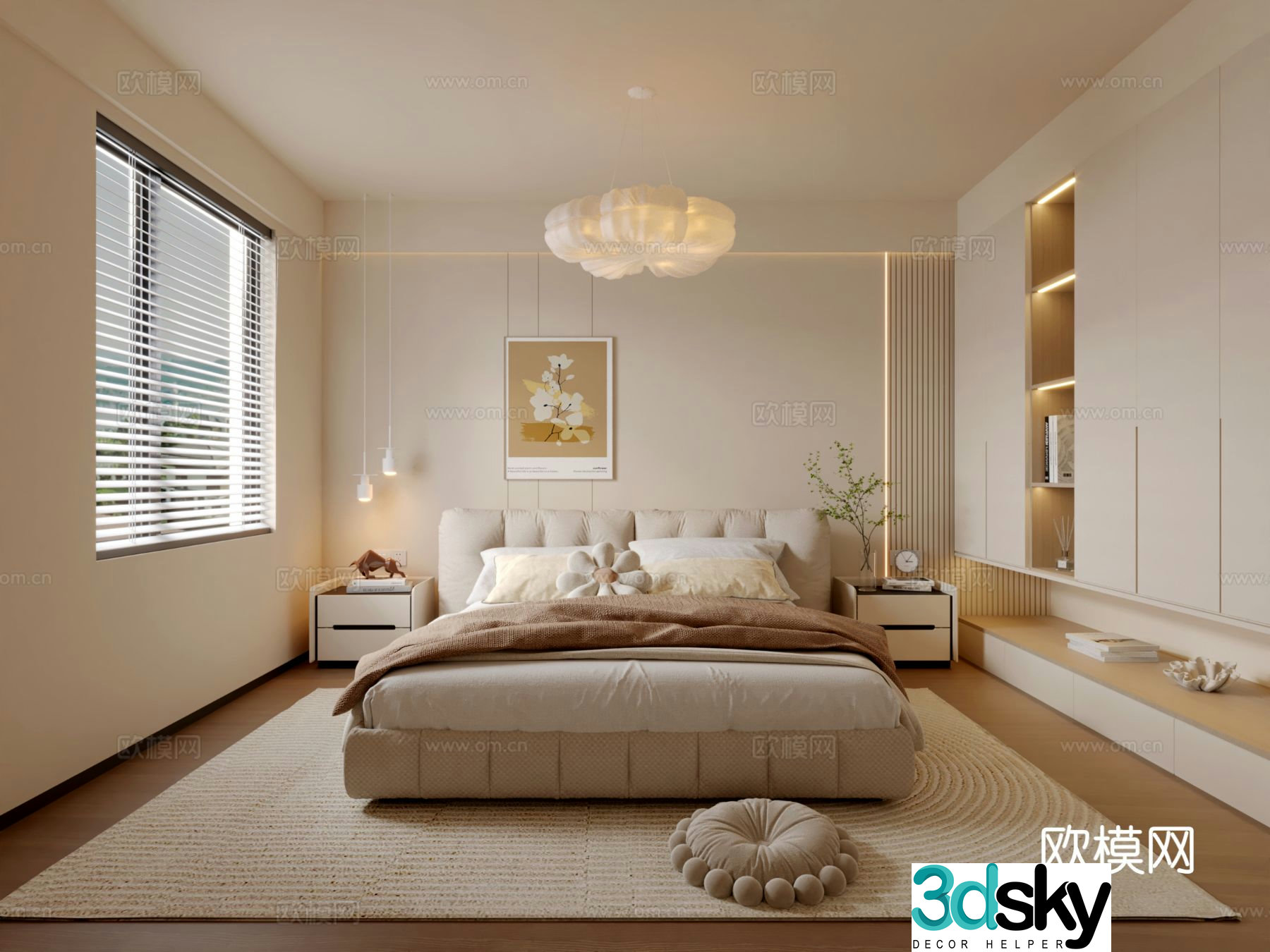 Modern creamy bedroom 3d model