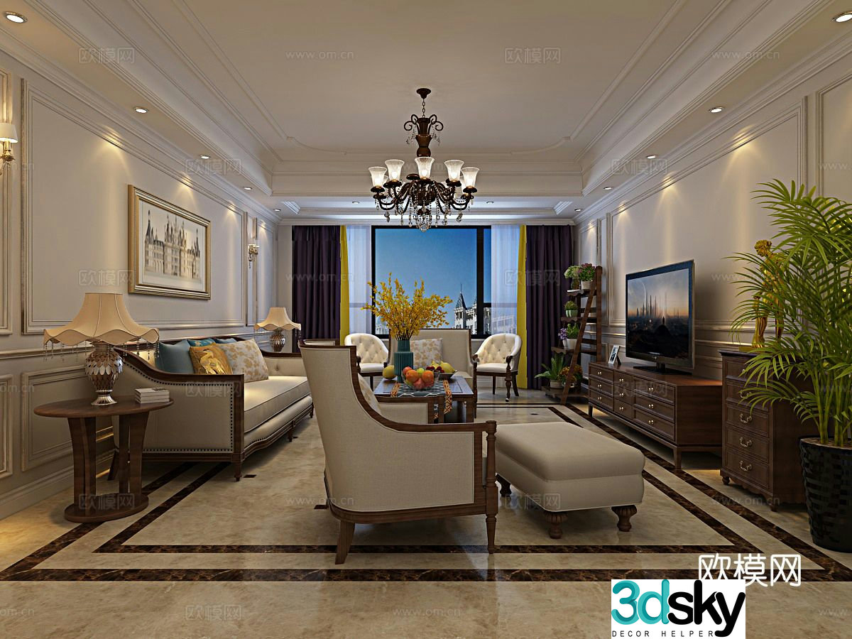 American living and dining room Meike Meijia furniture marble floor 3D model