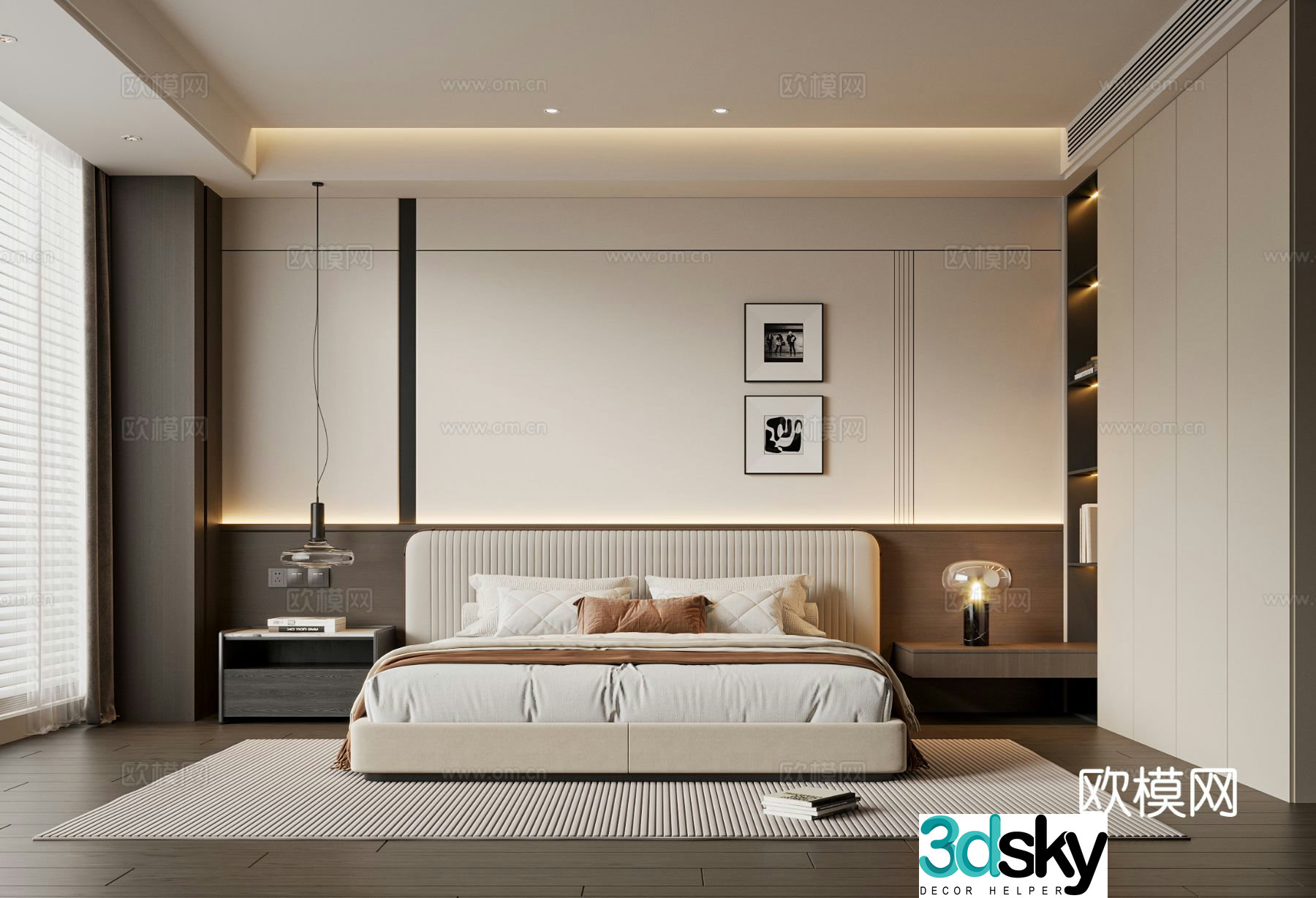 Modern simple bedroom double bed wardrobe desk lamp chandeliers master bedroom ornaments bedside table 3D model
