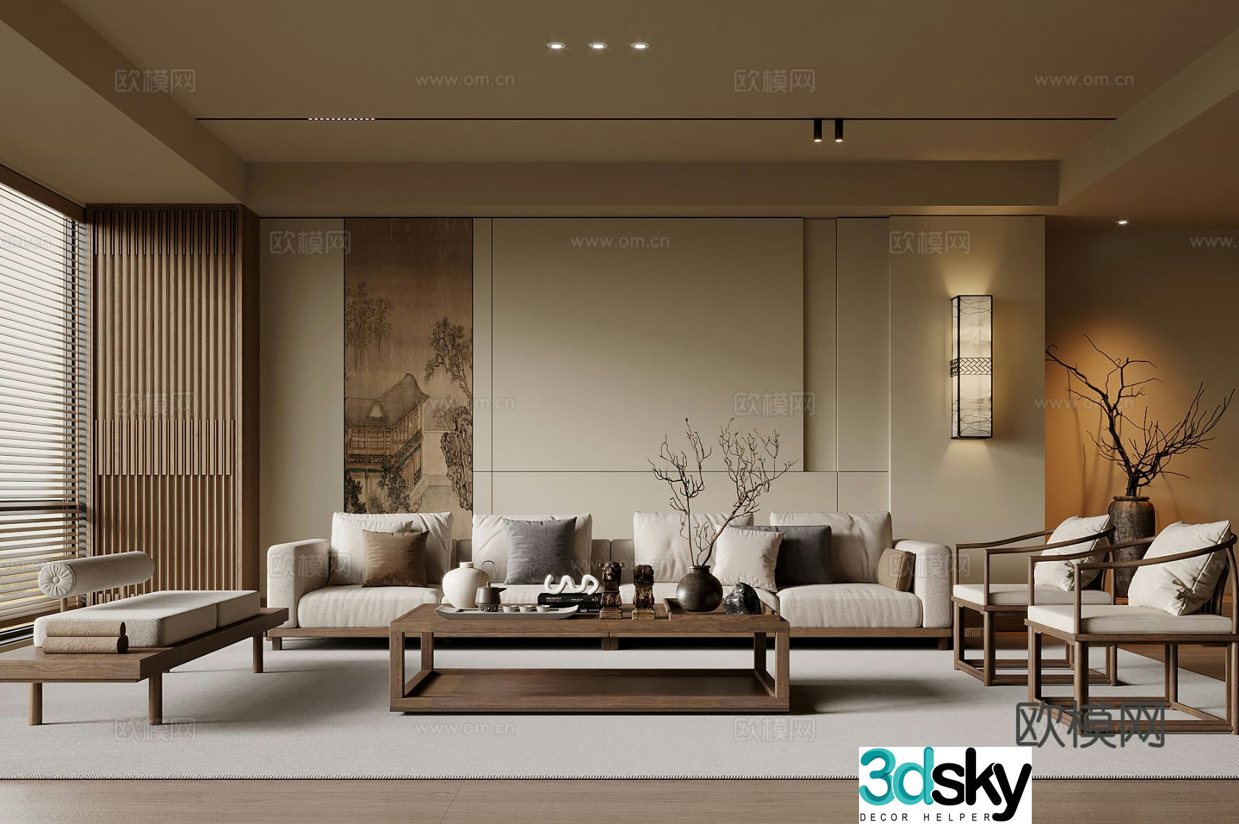 Song style living room sofa background wall sofa coffee table combination 3D model