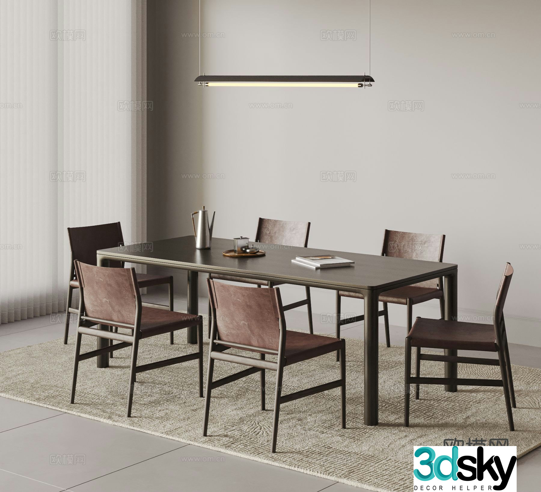Italian dining table and chair combination large plate table leather chair wooden chair chandeliers carpet 3D model