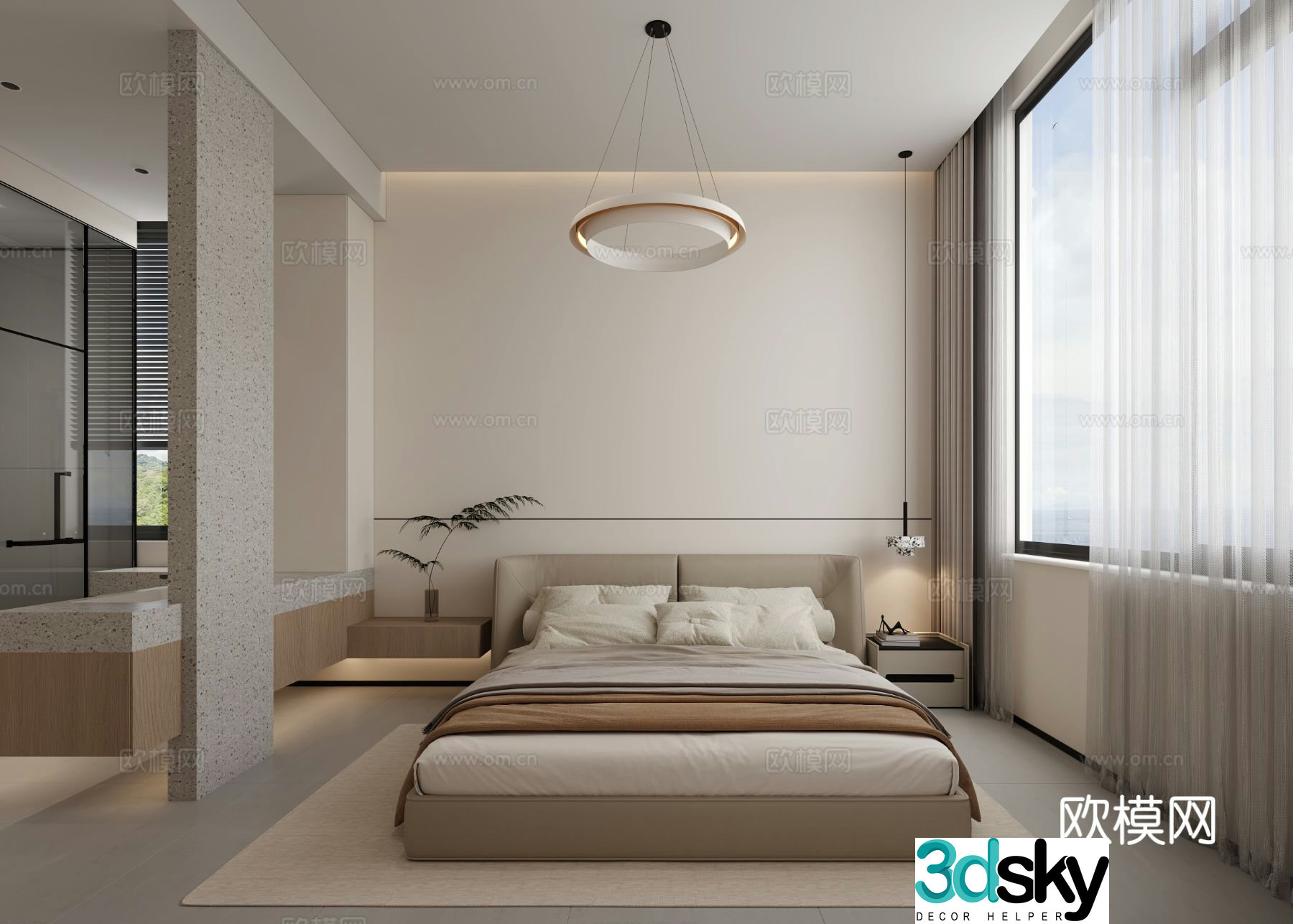 Modern log master bedroom open bathroom 3d model
