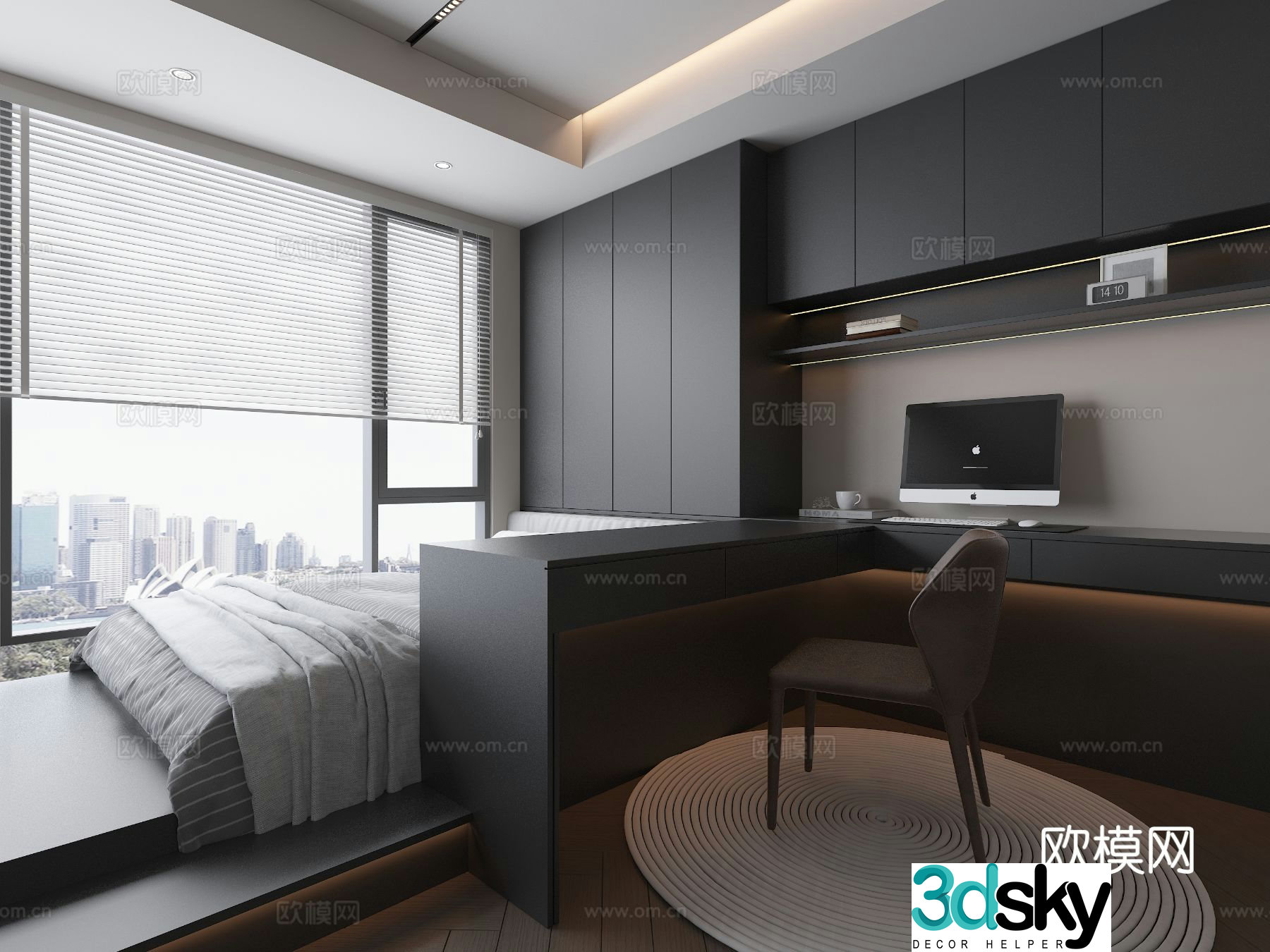 Modern style high-end gray tatami bedroom study table and chair computer green plants hanging painting ornaments 3D model