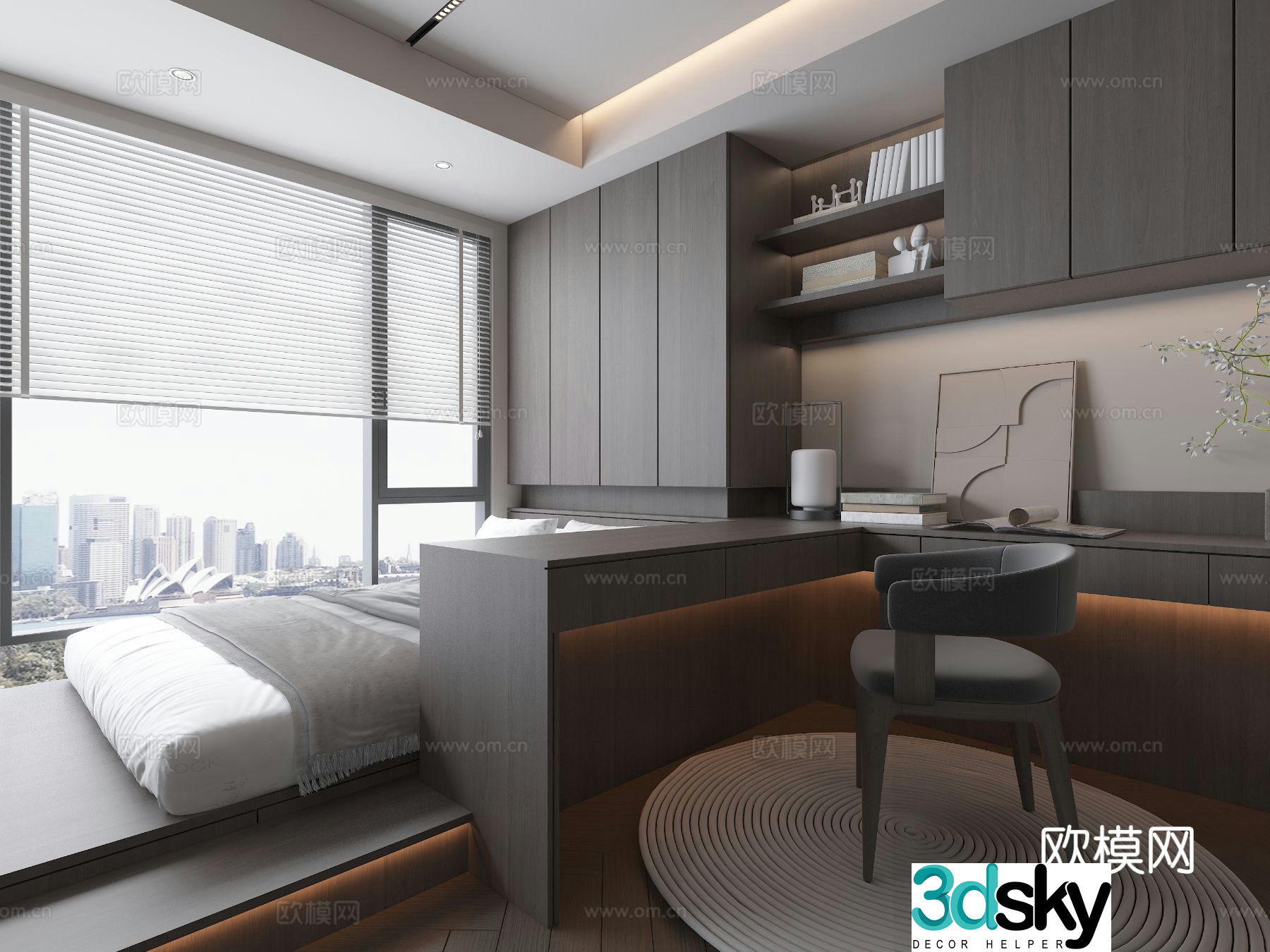 Modern style high-end gray tatami bedroom study table and chair computer green plants hanging painting ornaments 3D model