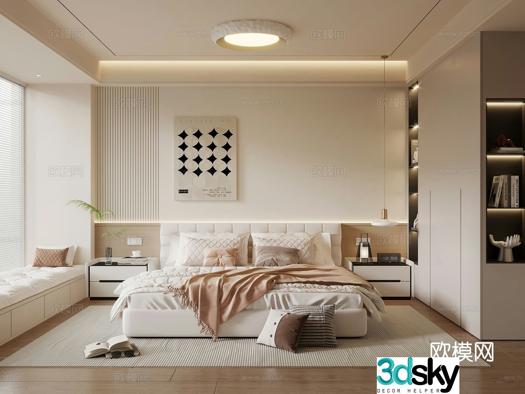 Creamy Bedroom Modern Bedroom Double Bed Wardrobe Bedside Table 3D Model