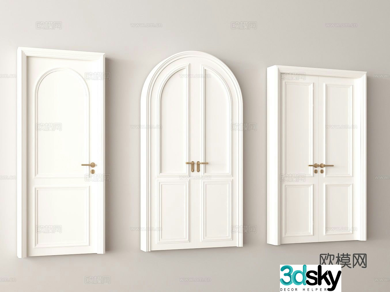 French arch design white painted door brass handle decoration interior door 3d model