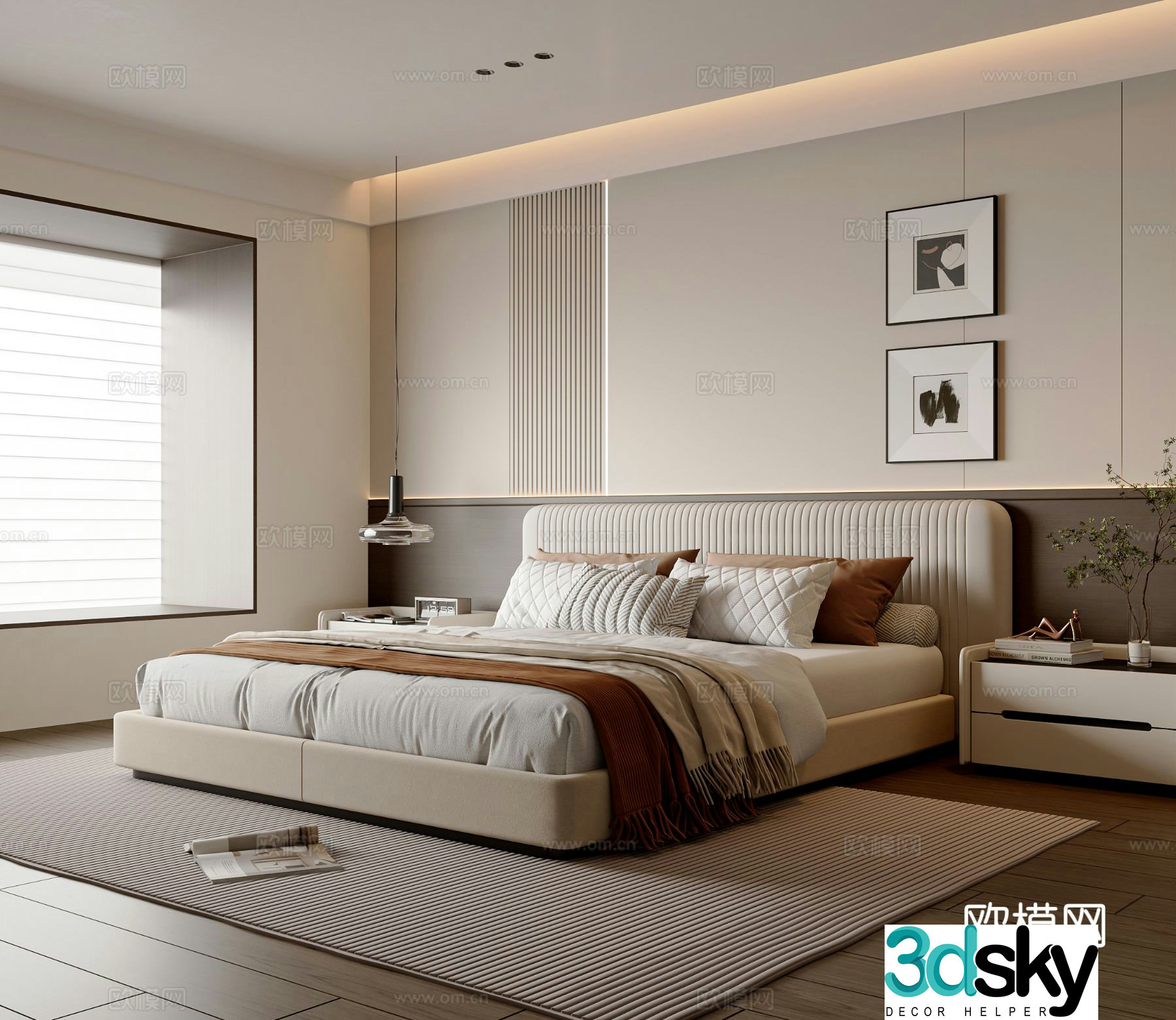 Modern minimalist bedroom double bed chandelier hanging painting bedroom ornament master bedroom hanging painting 3D model