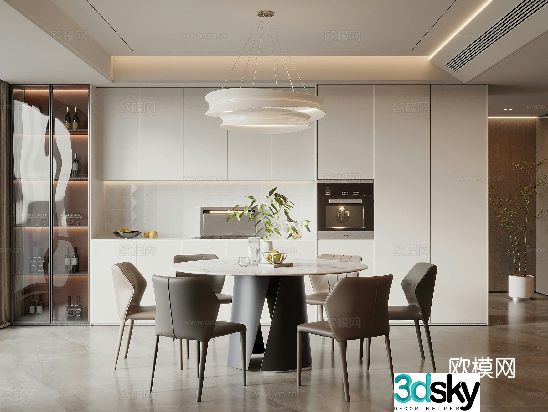 Modern cream style restaurant dining table and chair combination restaurant chandeliers wine cabinet sideboard 3D model