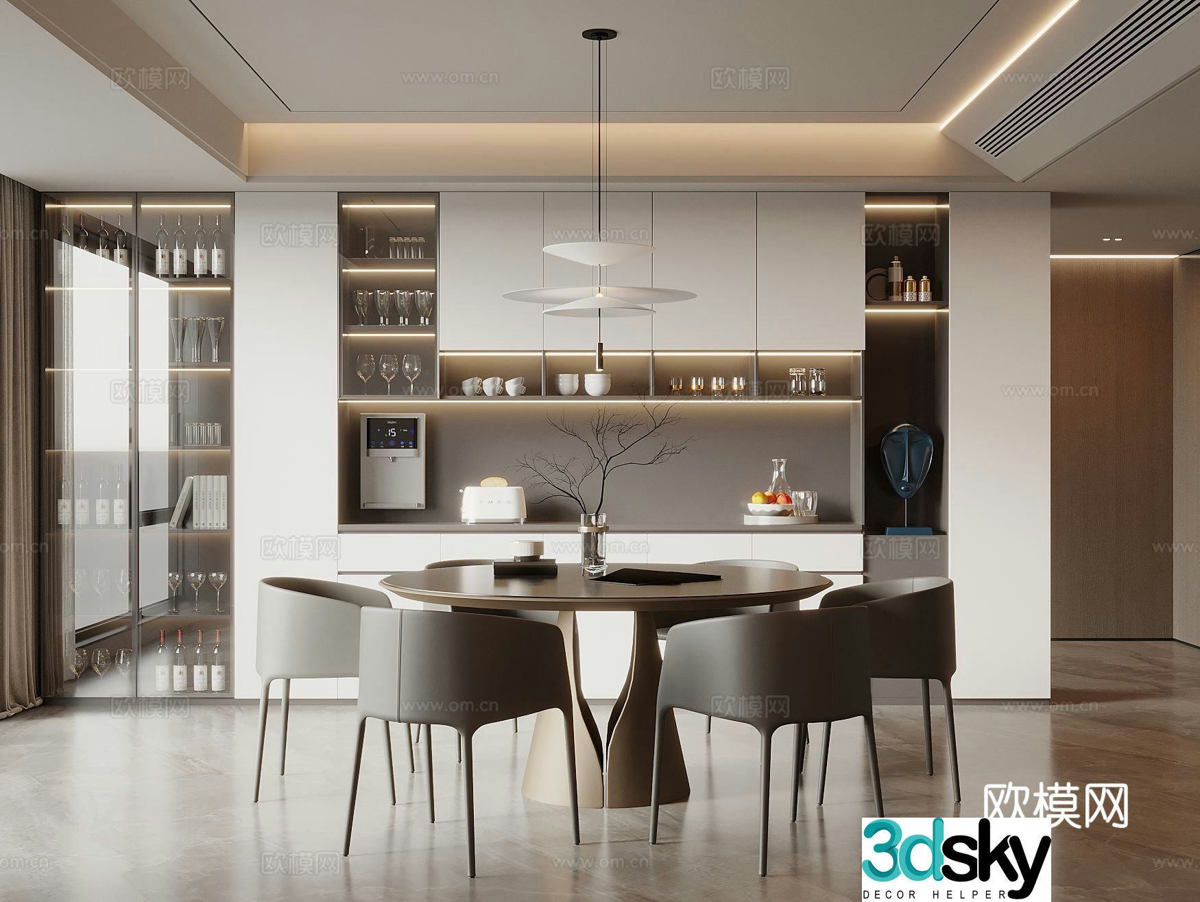Modern restaurant dining table and chair combination sideboard wine cabinet art chandeliers 3d model