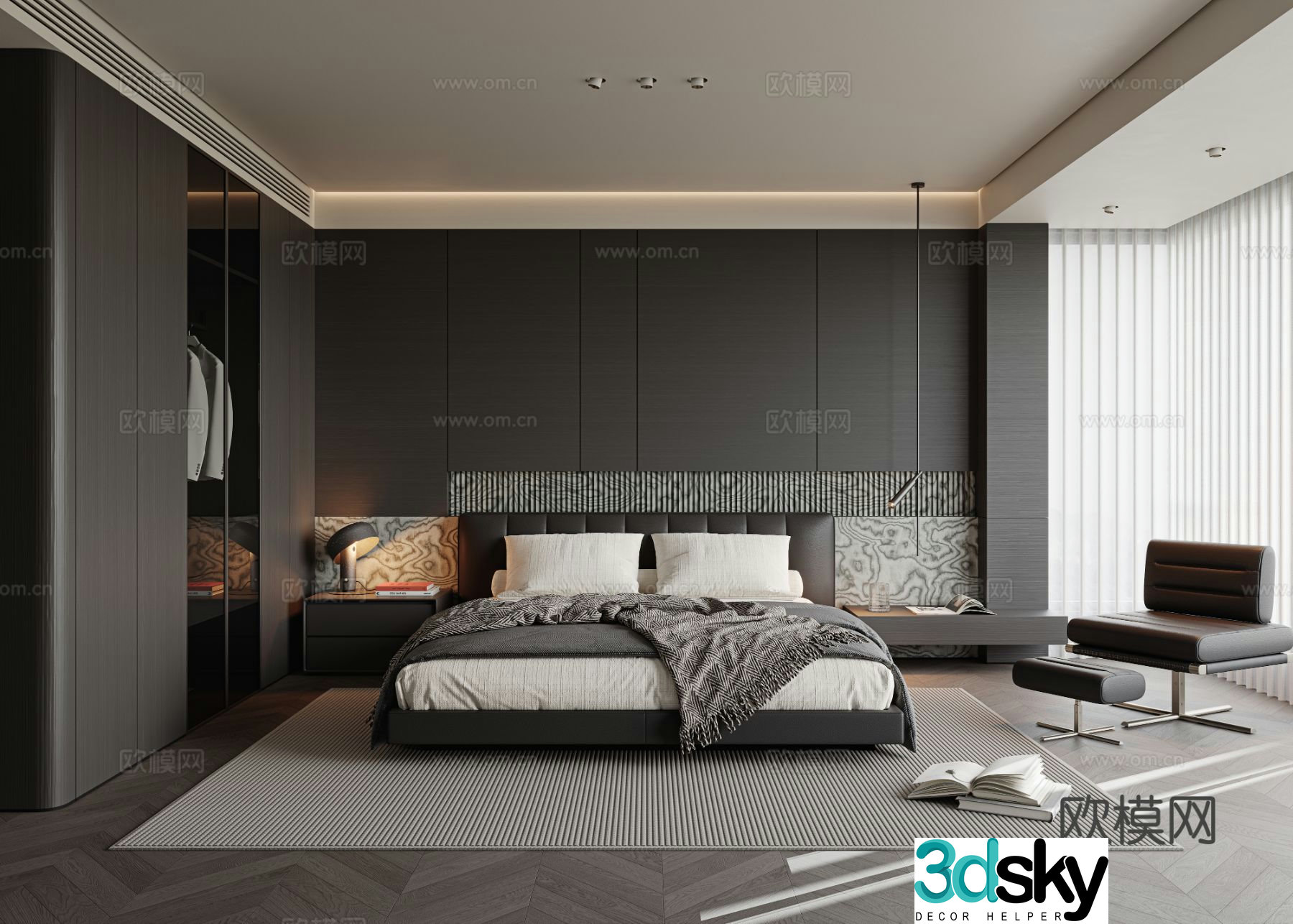 Italian modern bedroom master light master bedroom senior room leather double bed background wall 3d model