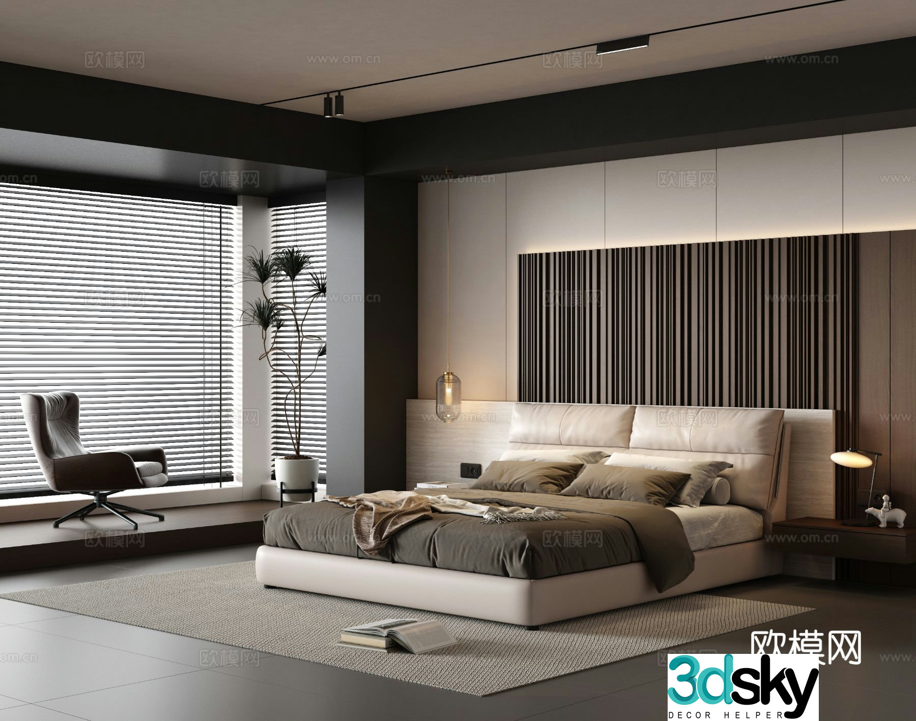 Modern black and white minimalist bedroom Italian bedroom bay window bedroom 3d model