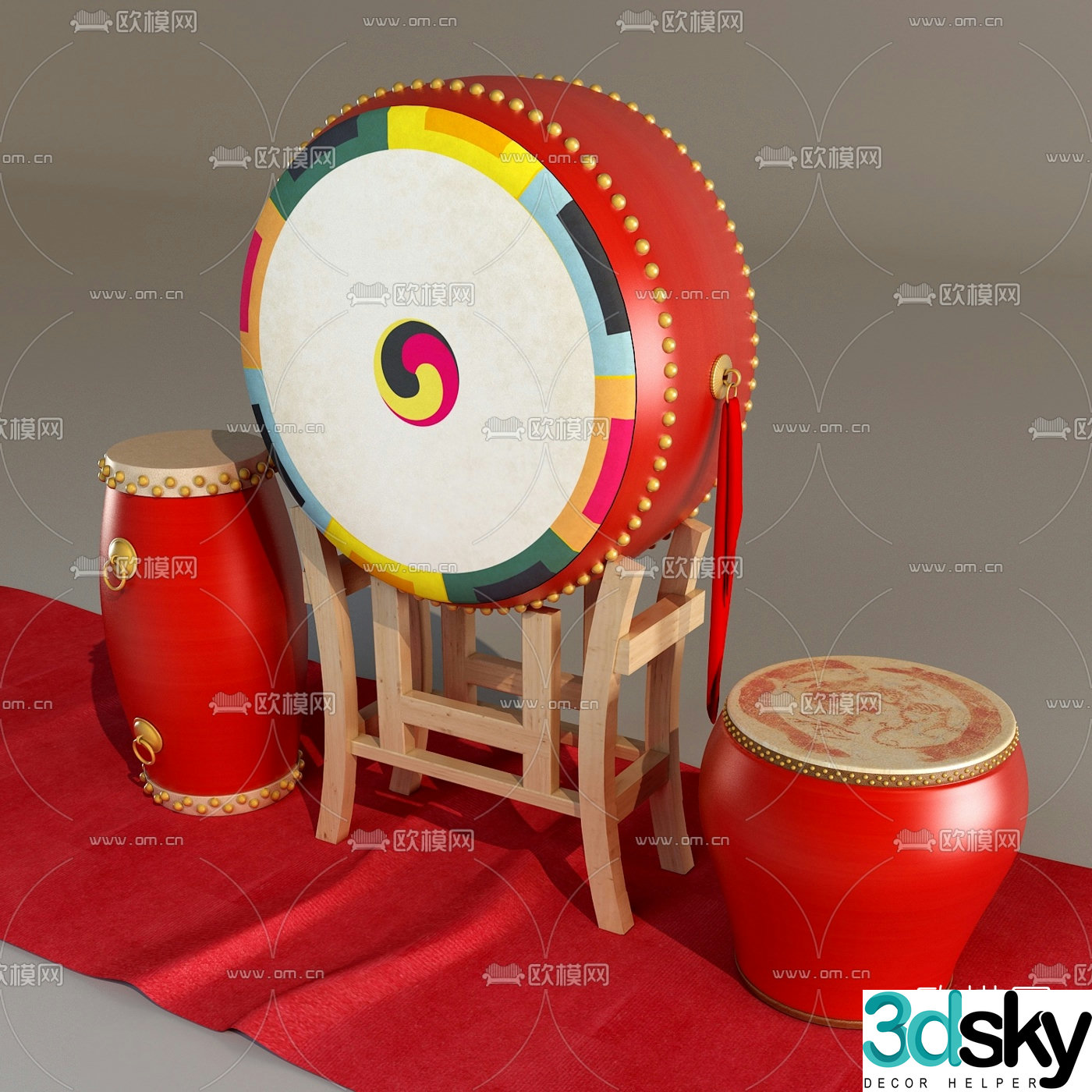 New Chinese style drum decoration ornaments 3D model