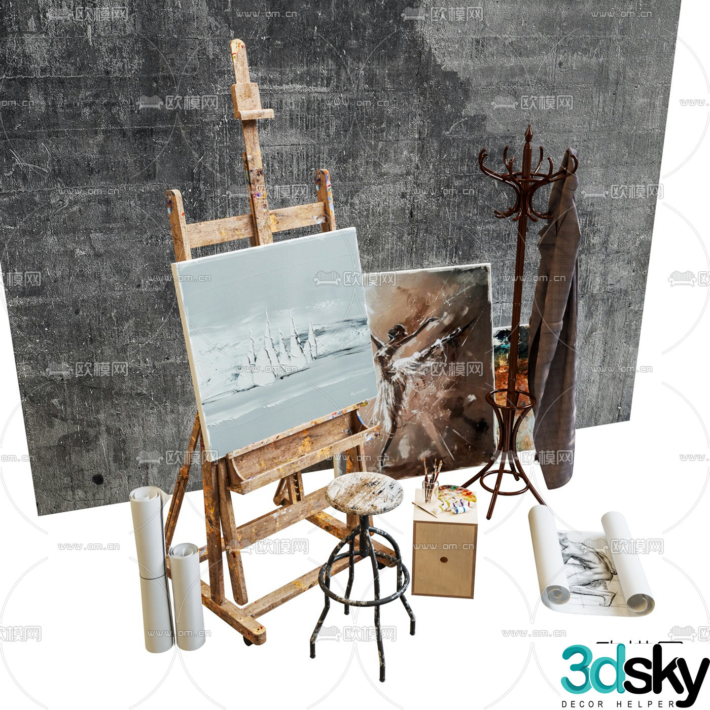 Modern easel painting tool combination 3d model