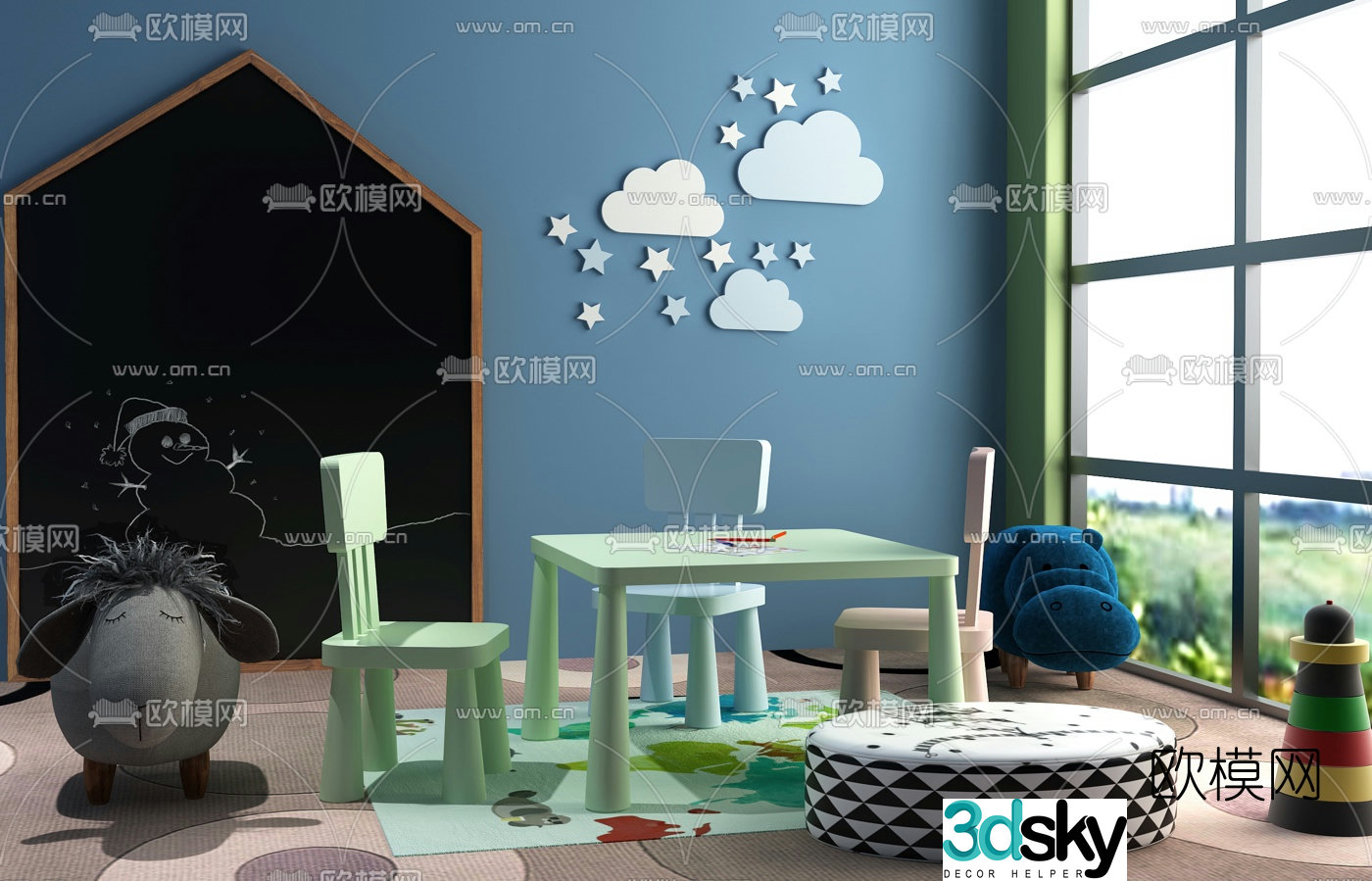 Nordic children’s table and chair toy set 3d model