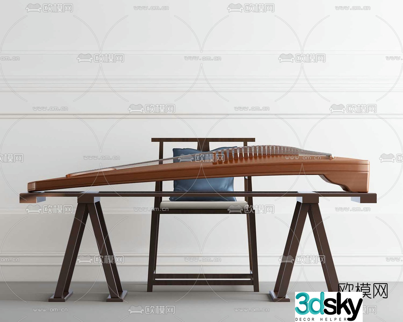New Chinese style guzheng table and chairs 3d model