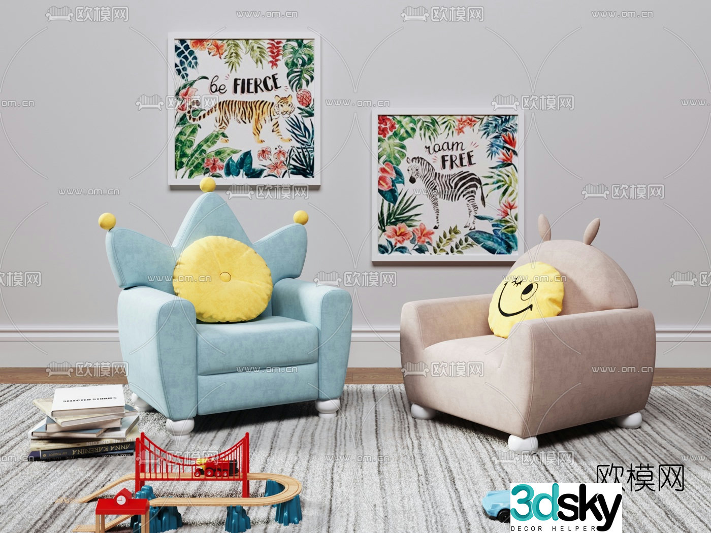 Nordic fabric children’s sofa 3d model