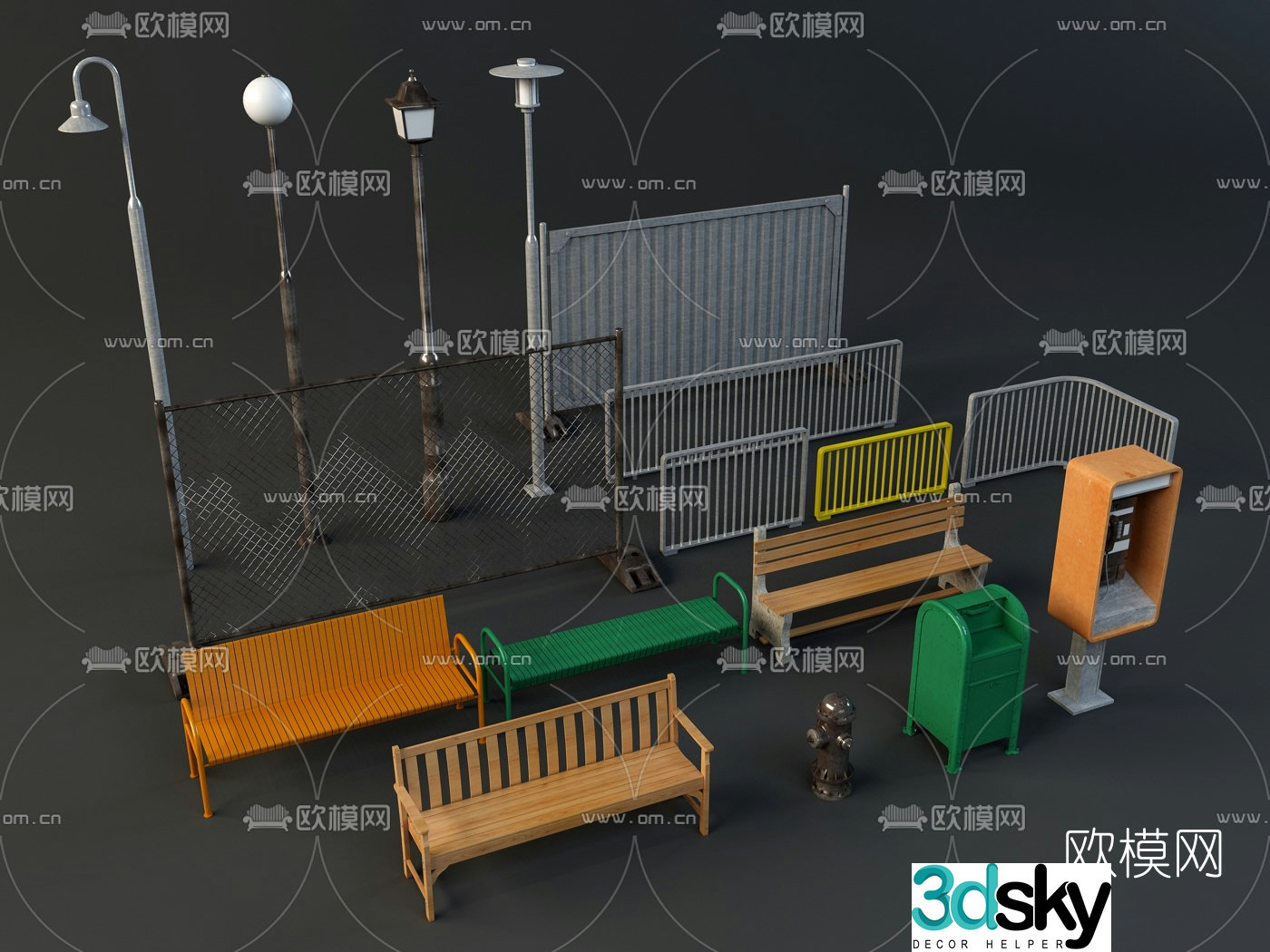 Modern street lamp multi-person bench 3d model