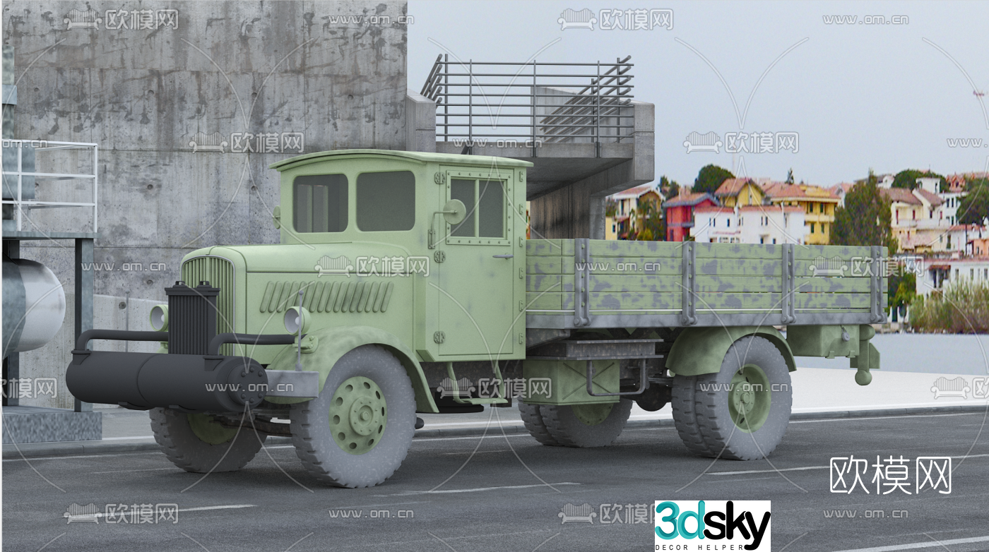 Industrial style green pickup truck free 3d model