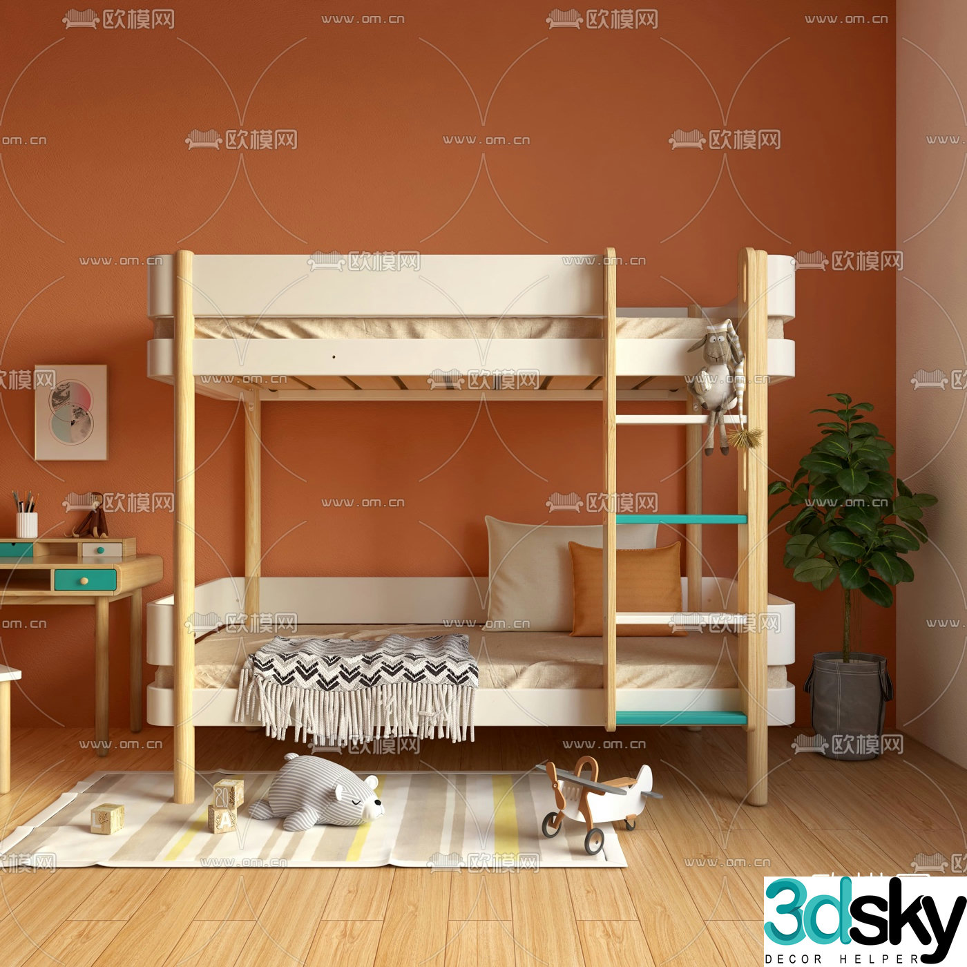 Nordic solid wood children’s bed 3d model