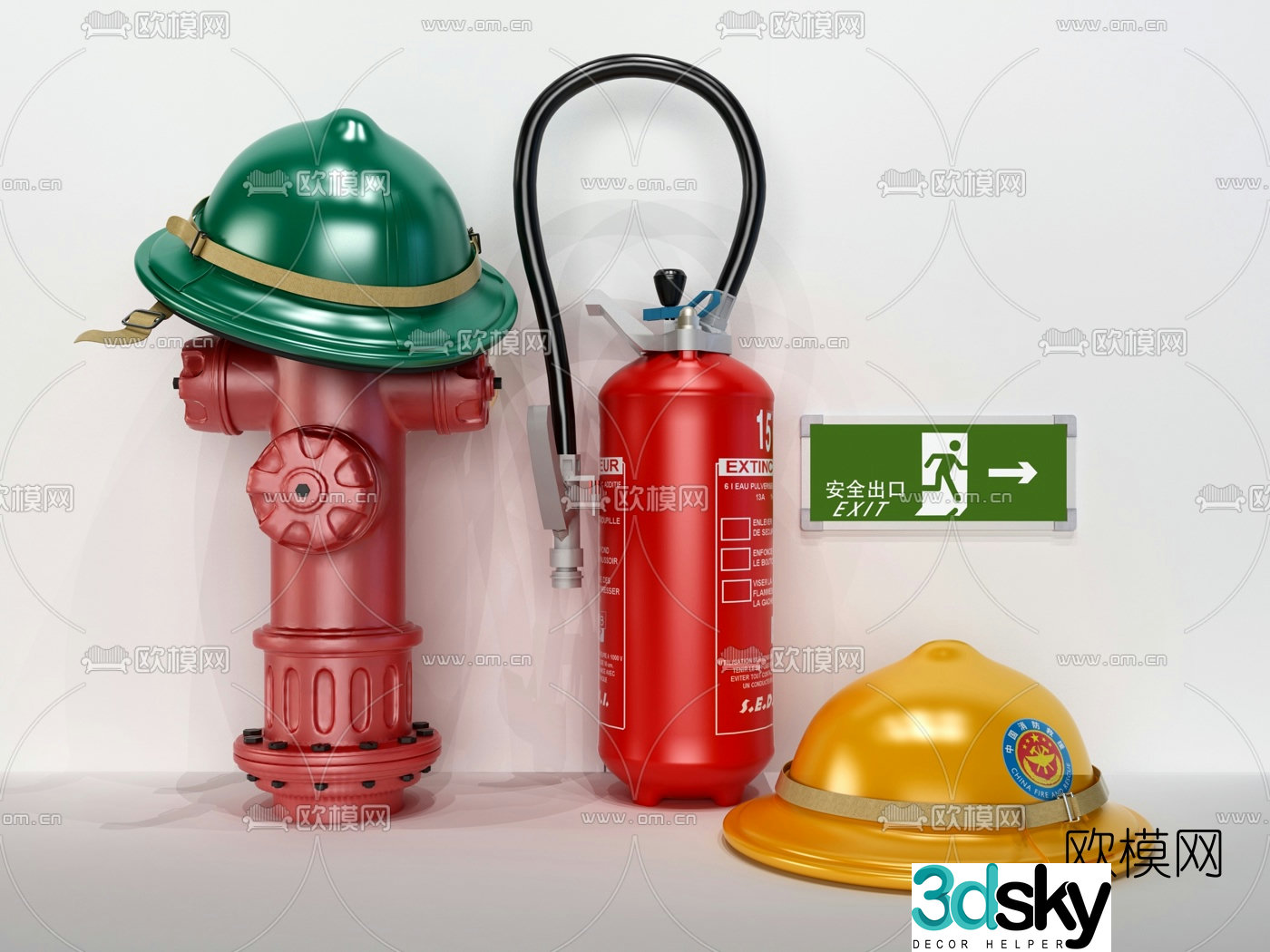 Modern hardhat fire hydrant fire extinguisher 3d model