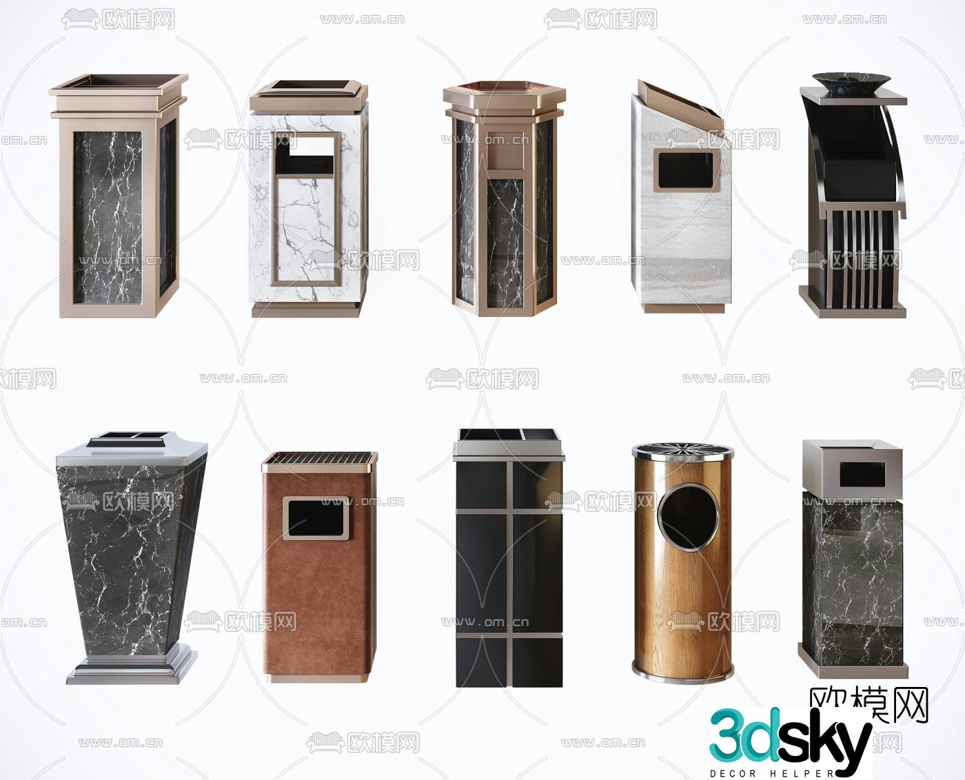 Modern metal marble public trash can 3d model