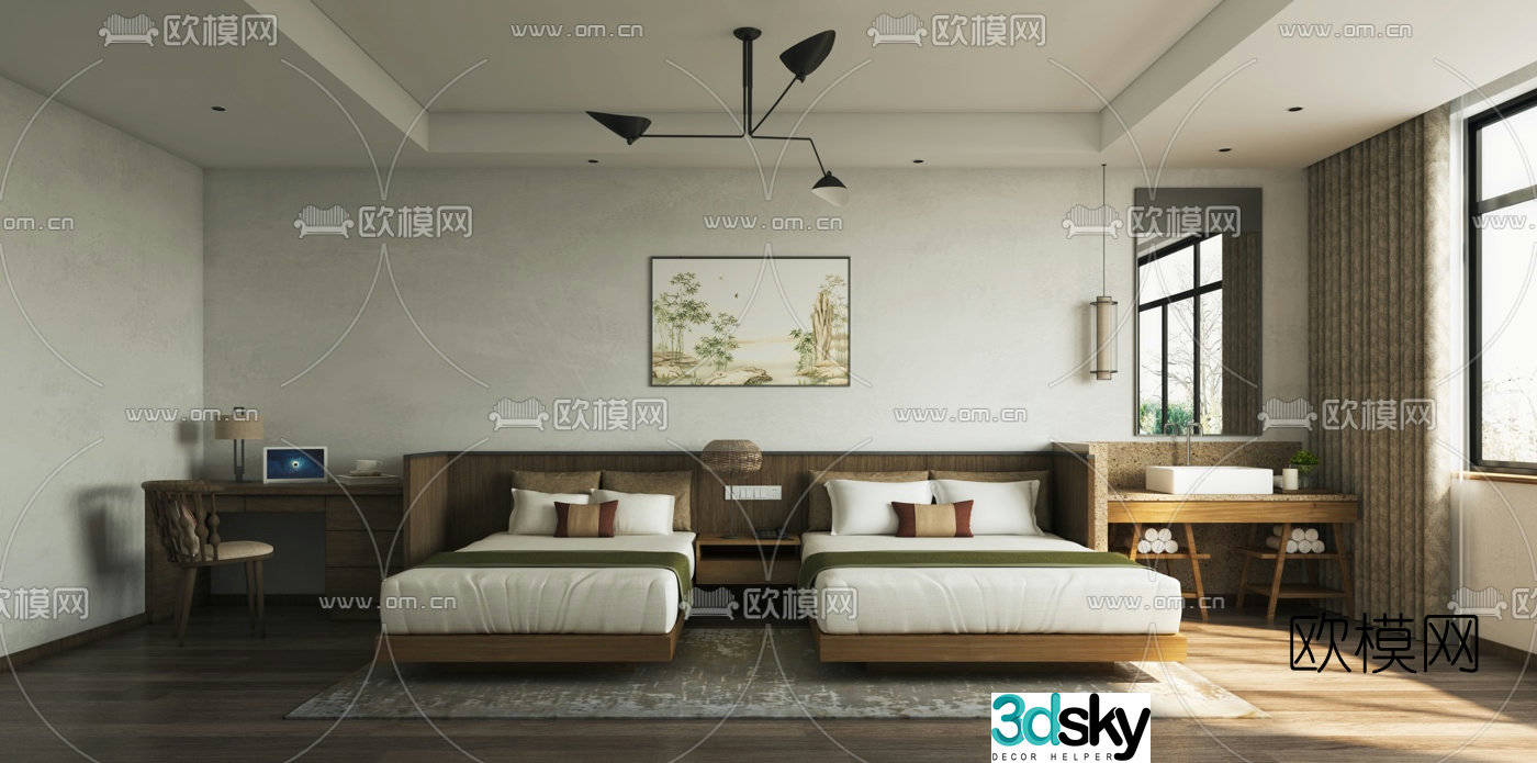 Natural style B&B twin room 3D model