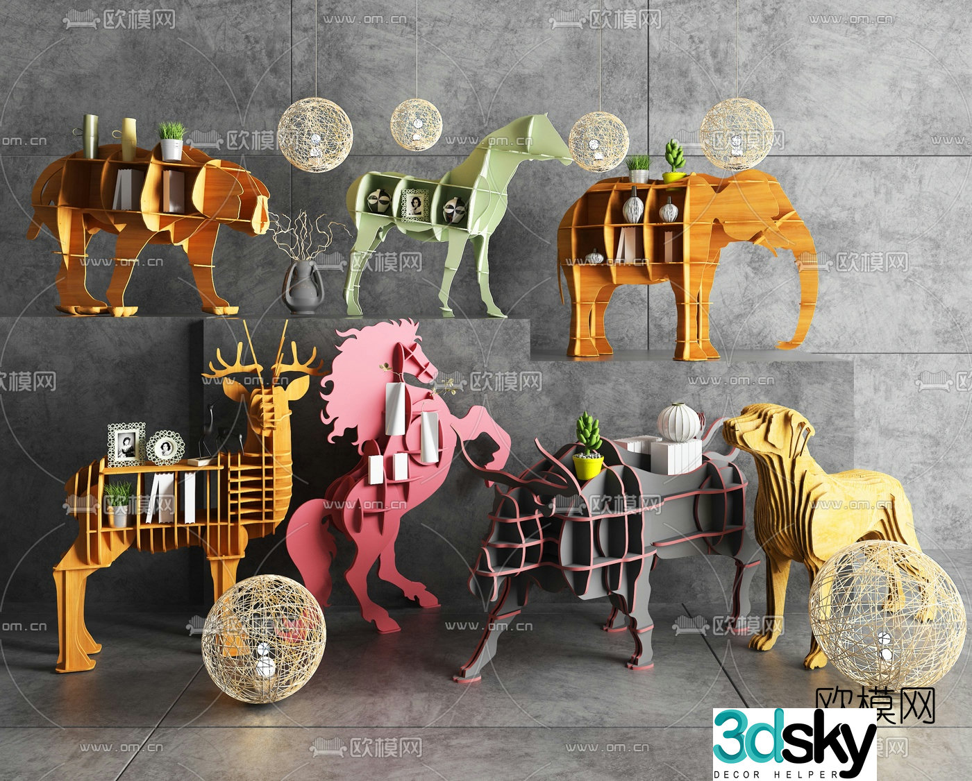 Nordic cartoon animal bookshelf combination 3d model