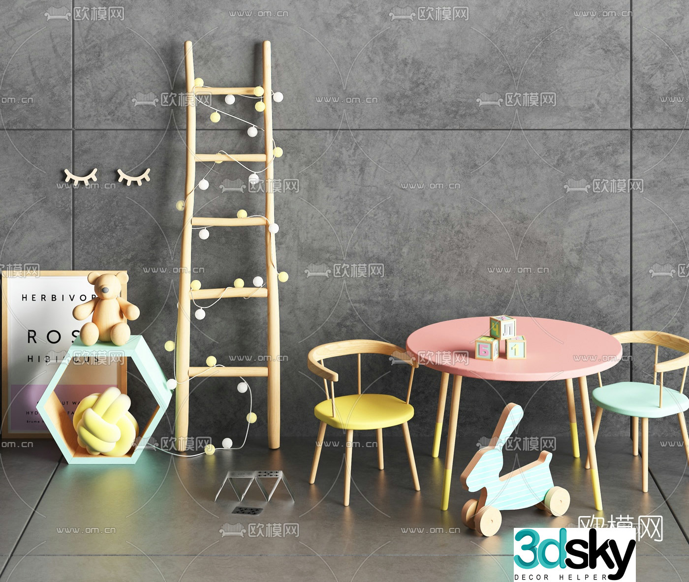 Nordic children’s room table and chair ornaments 3D model