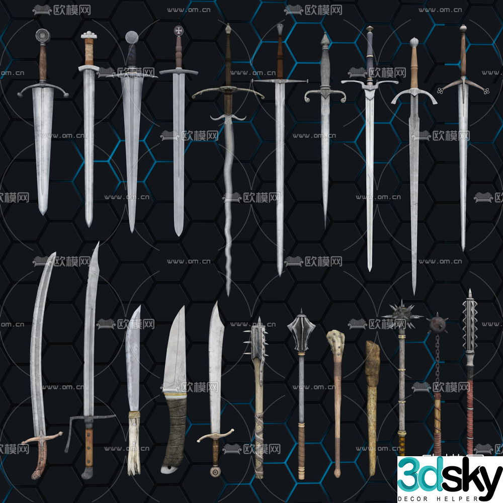 European retro sword hammer cold weapon 3D model
