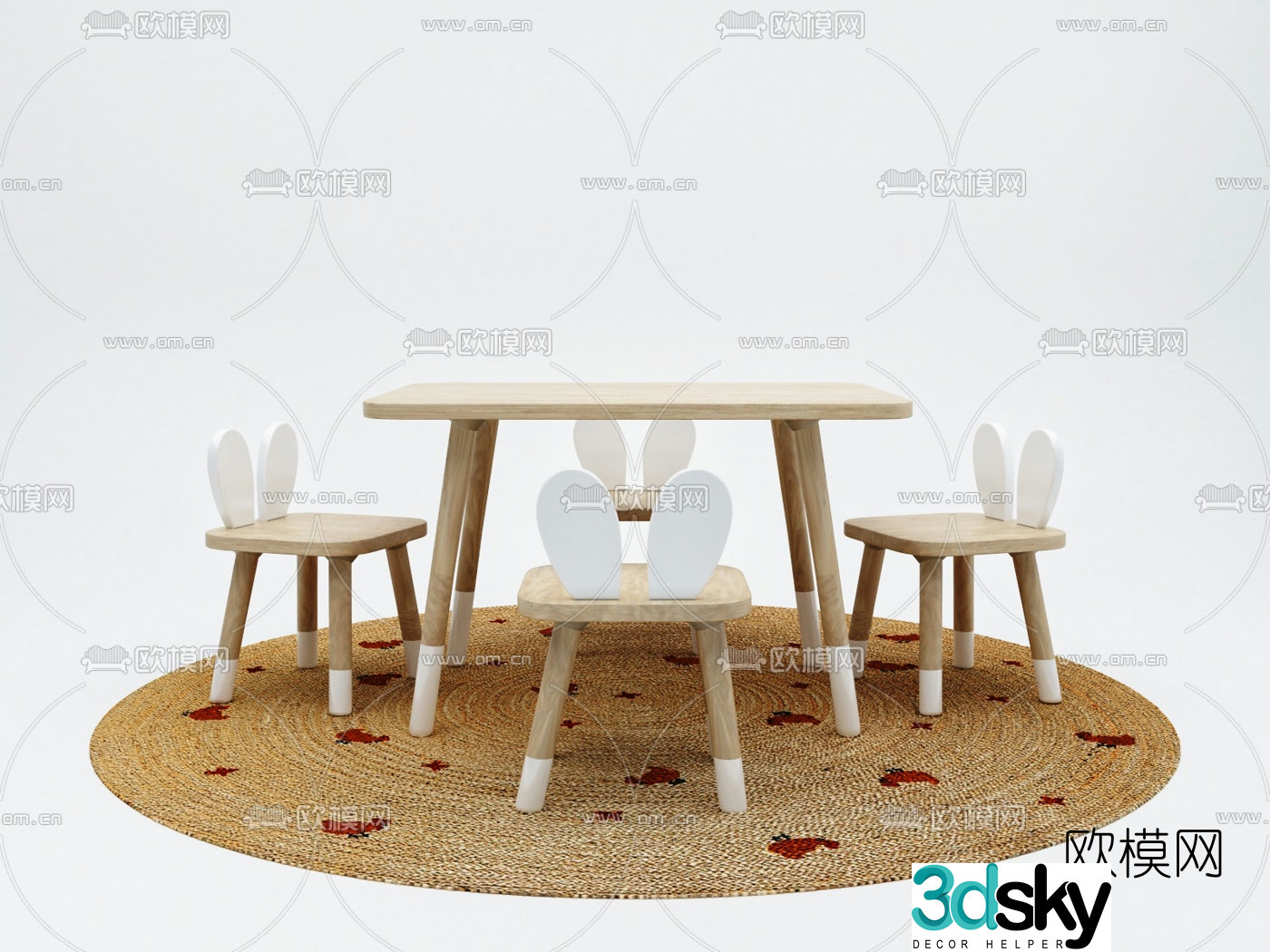 Nordic children’s dining table and chairs 3d model