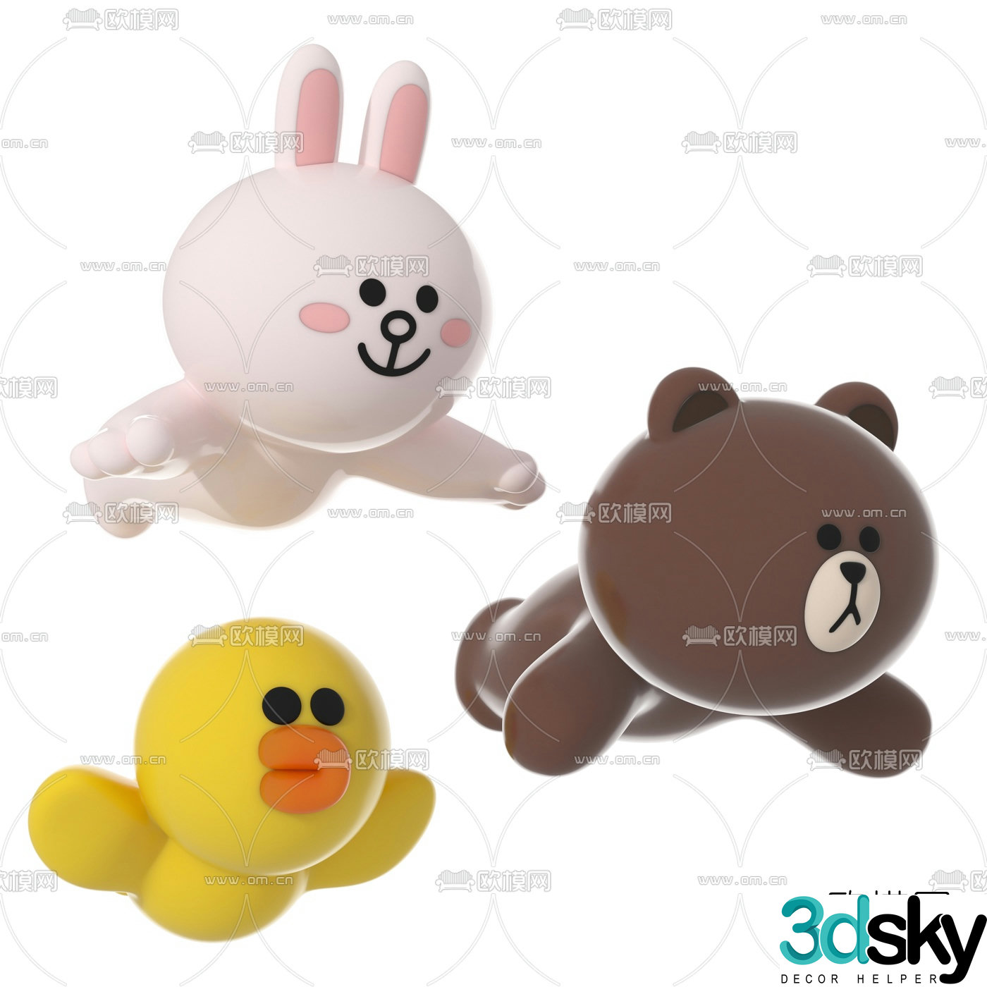 Modern doll brown bear coney rabbit sally chicken 3d model