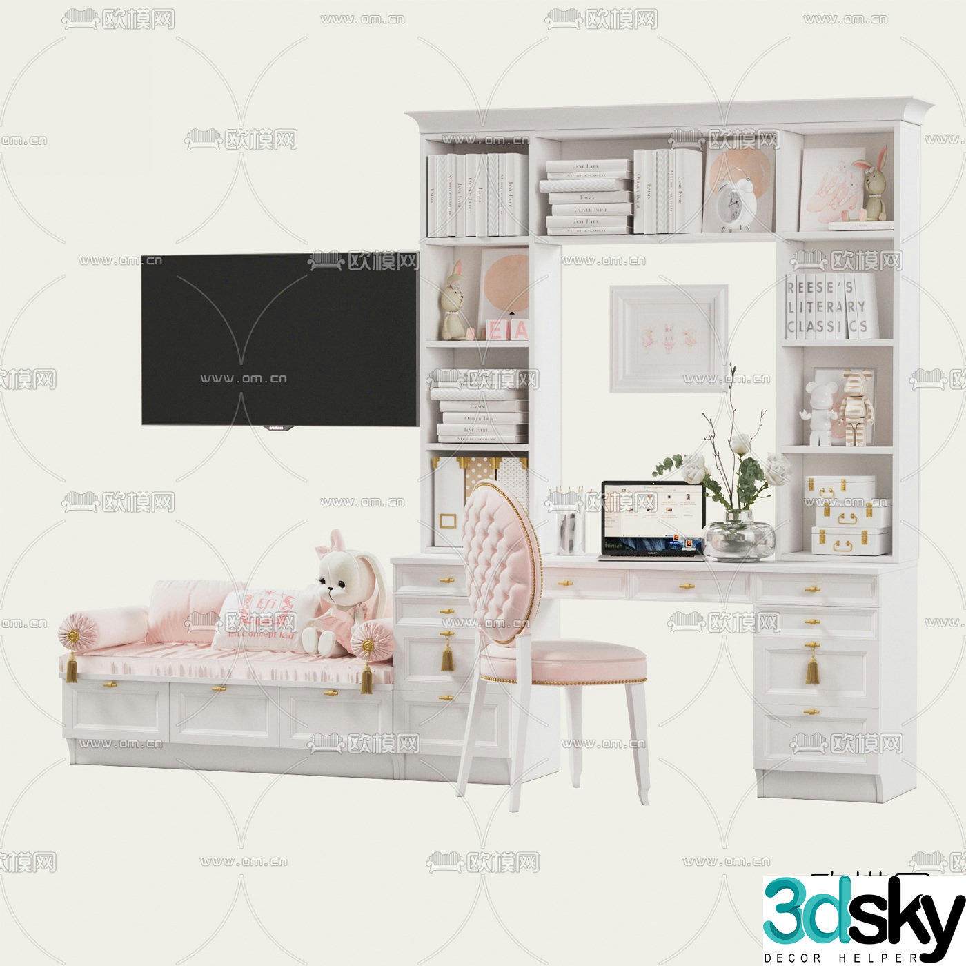 Simple European children’s desk cabinet combination 3D model