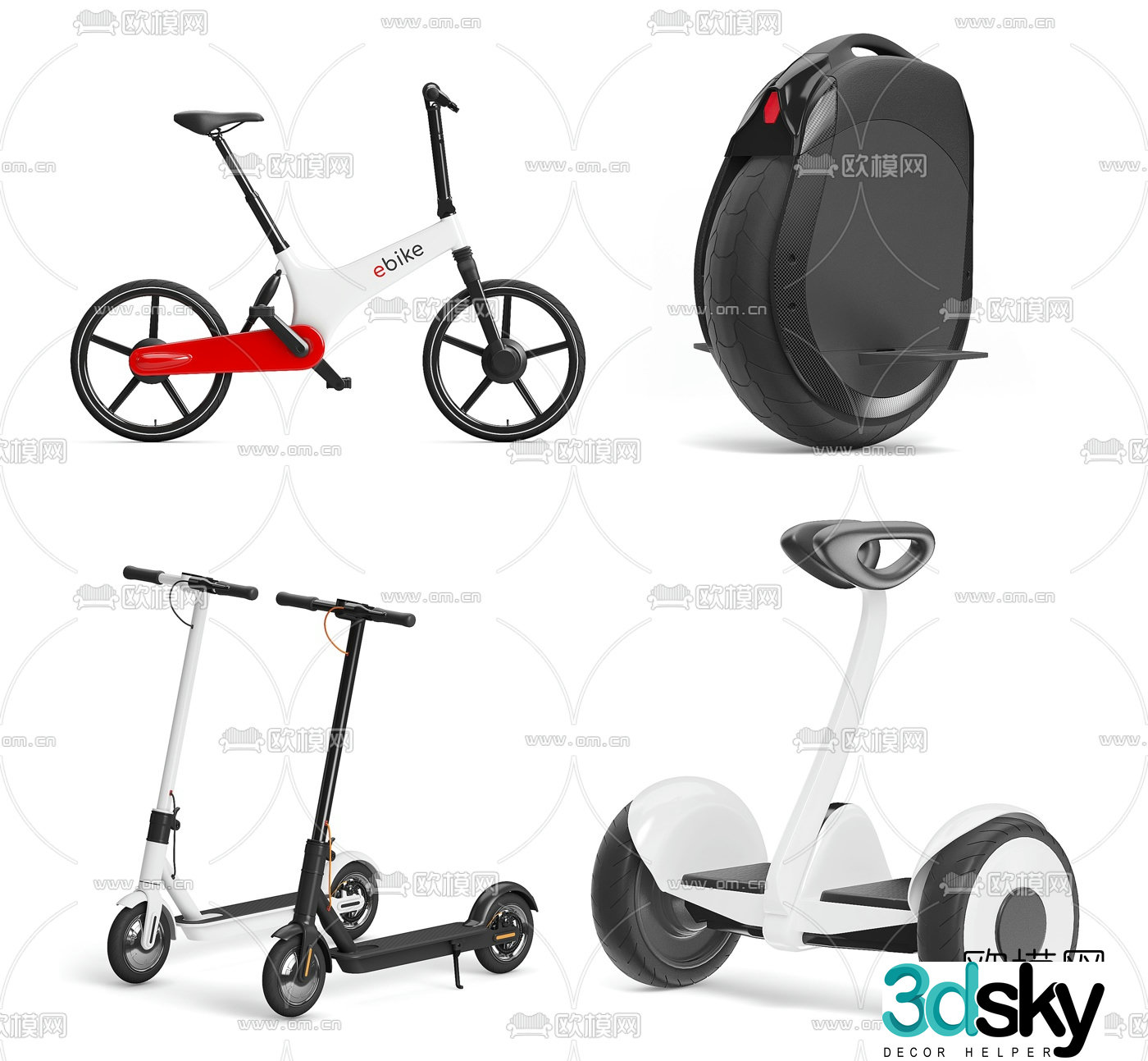 Modern electric two wheel skateboard 3d model