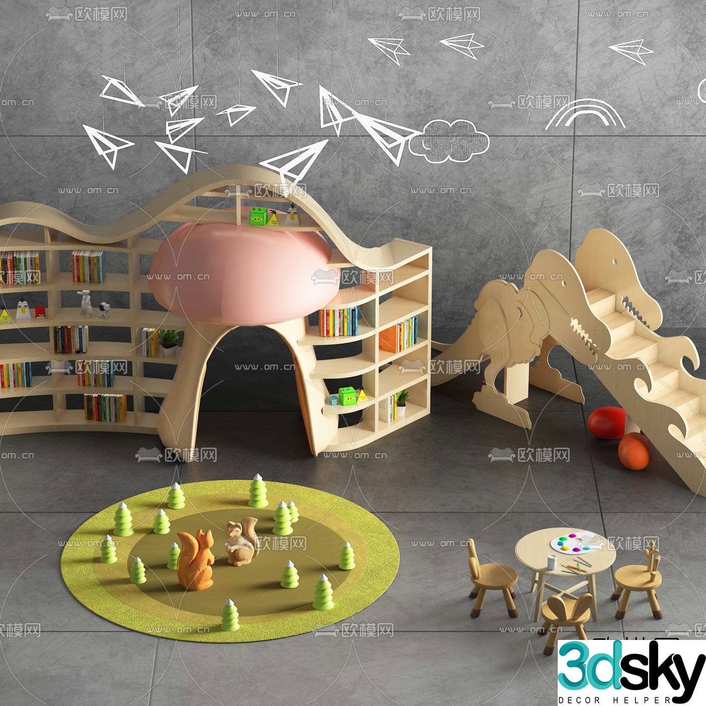 Nordic children’s cartoon bookshelf 3d model