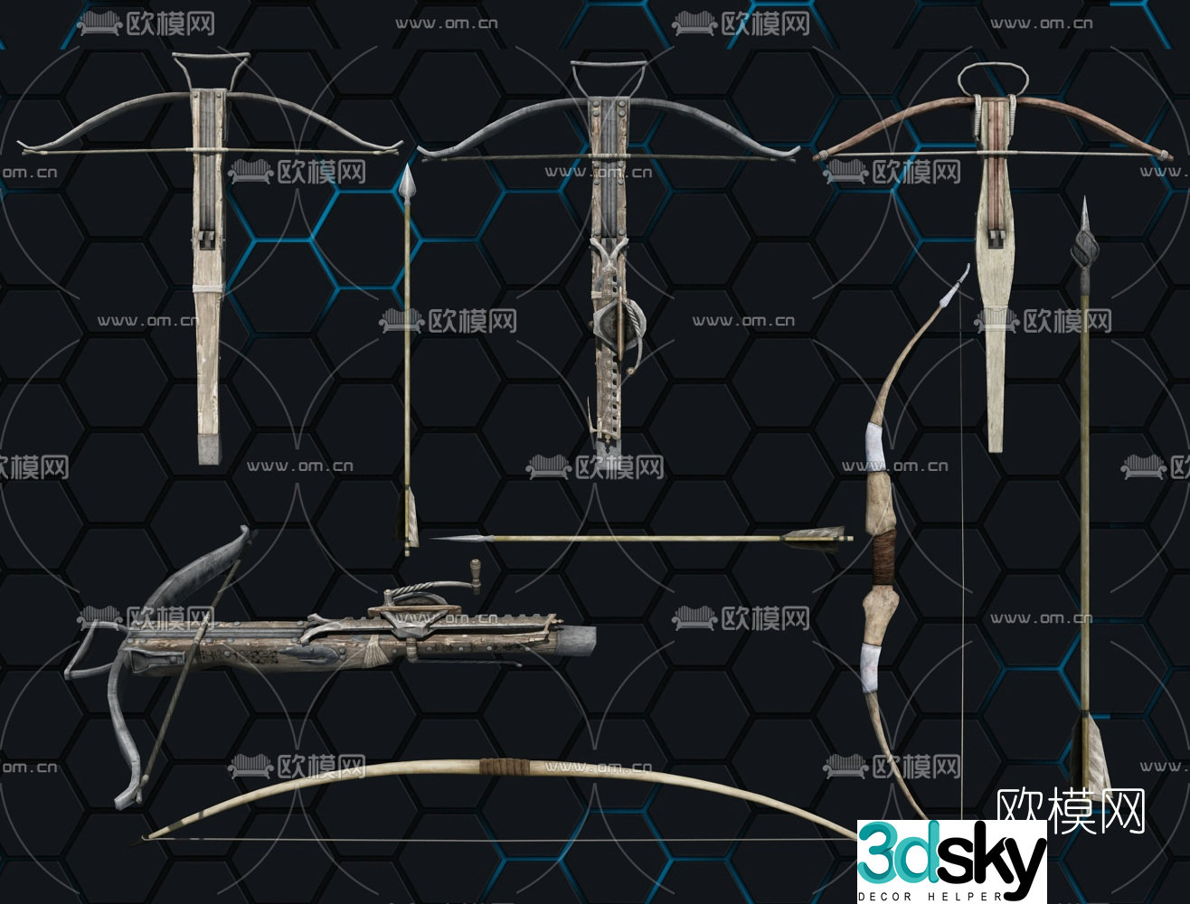 European retro crossbow bow and arrow 3d model