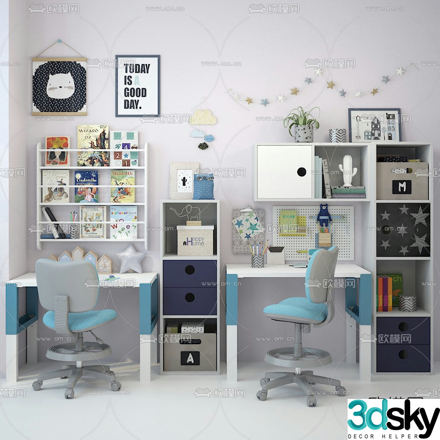Modern children’s desk chair bookshelf 3d model