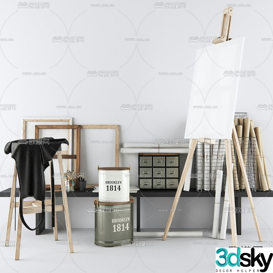 Modern easel painting utensil combination 3d model