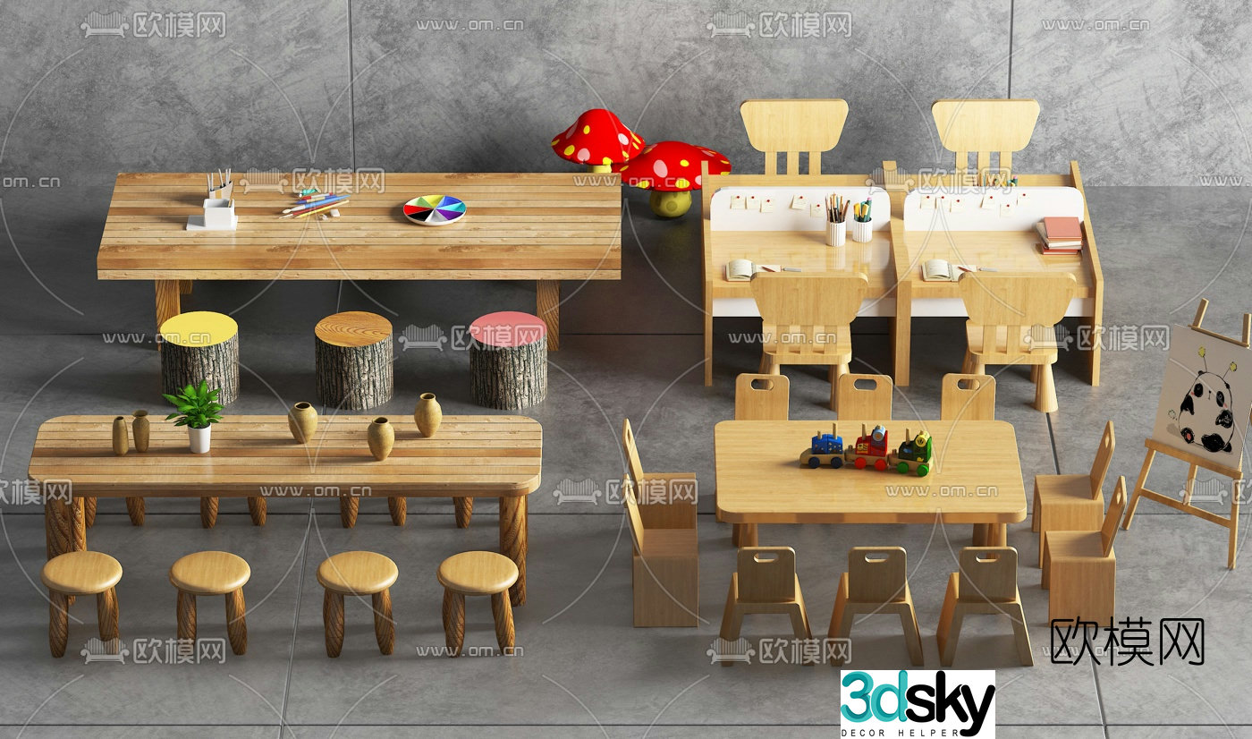 Nordic kindergarten children’s desks and chairs 3D model