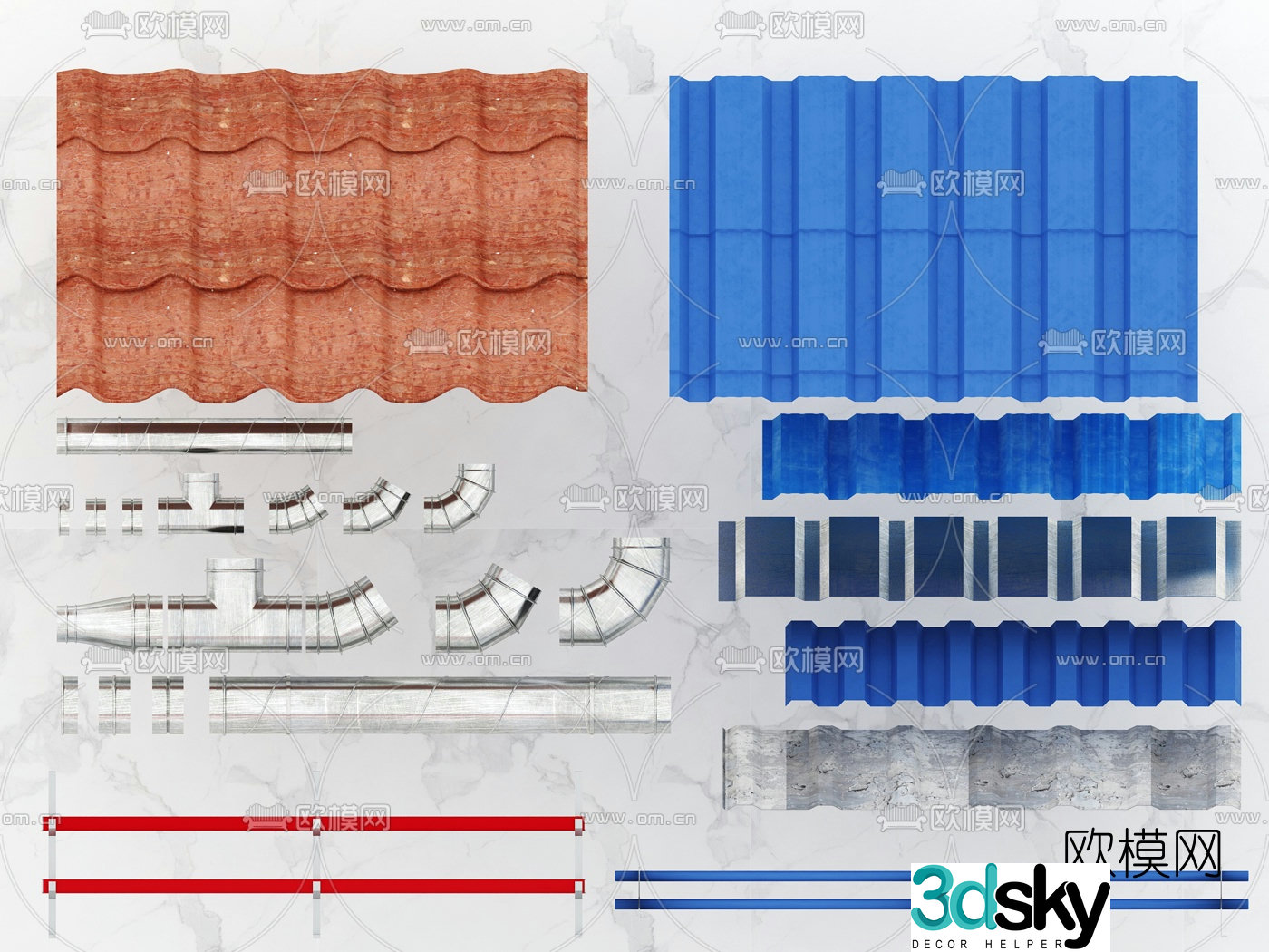 Modern color steel plate building materials pipeline 3D model