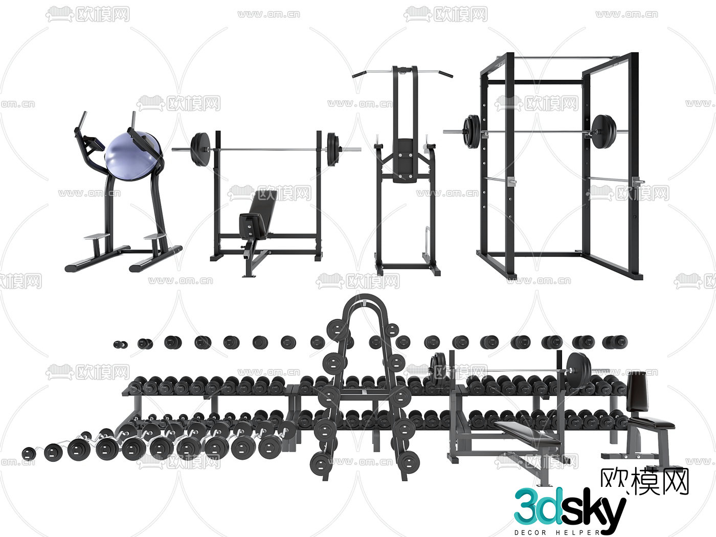 Modern fitness equipment combination 3d model