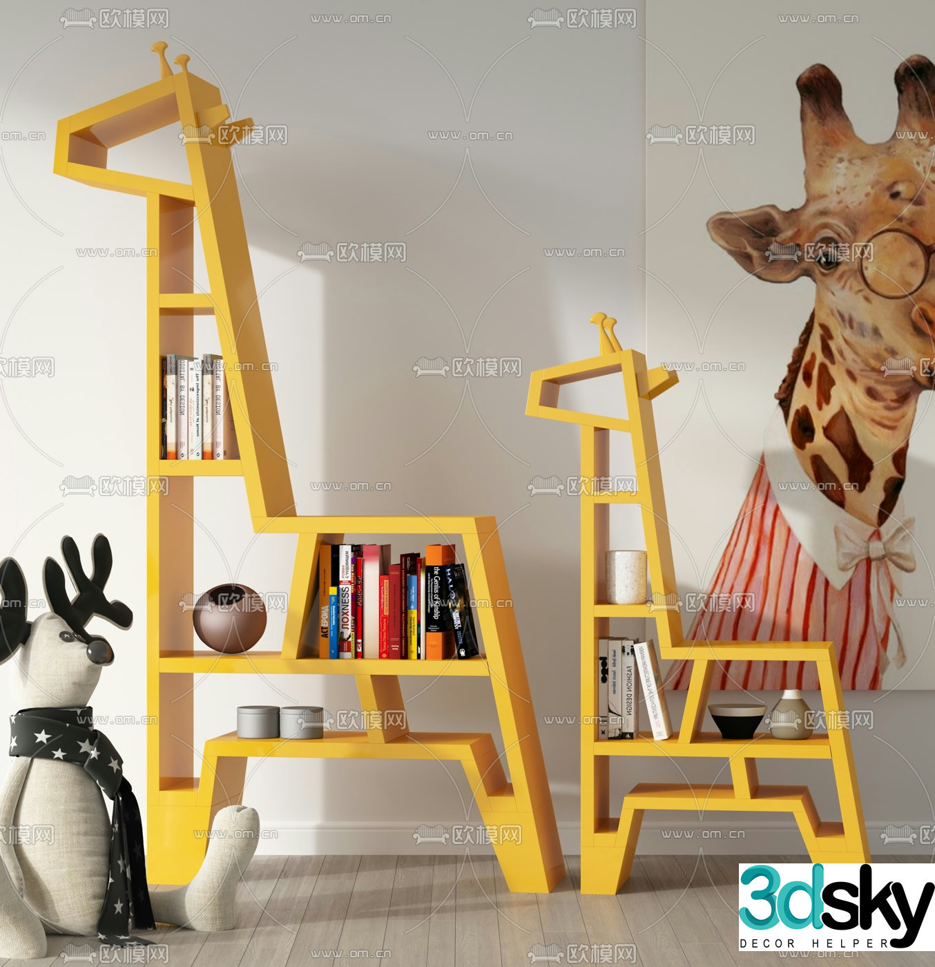 Modern giraffe shaped children’s bookshelf 3D model