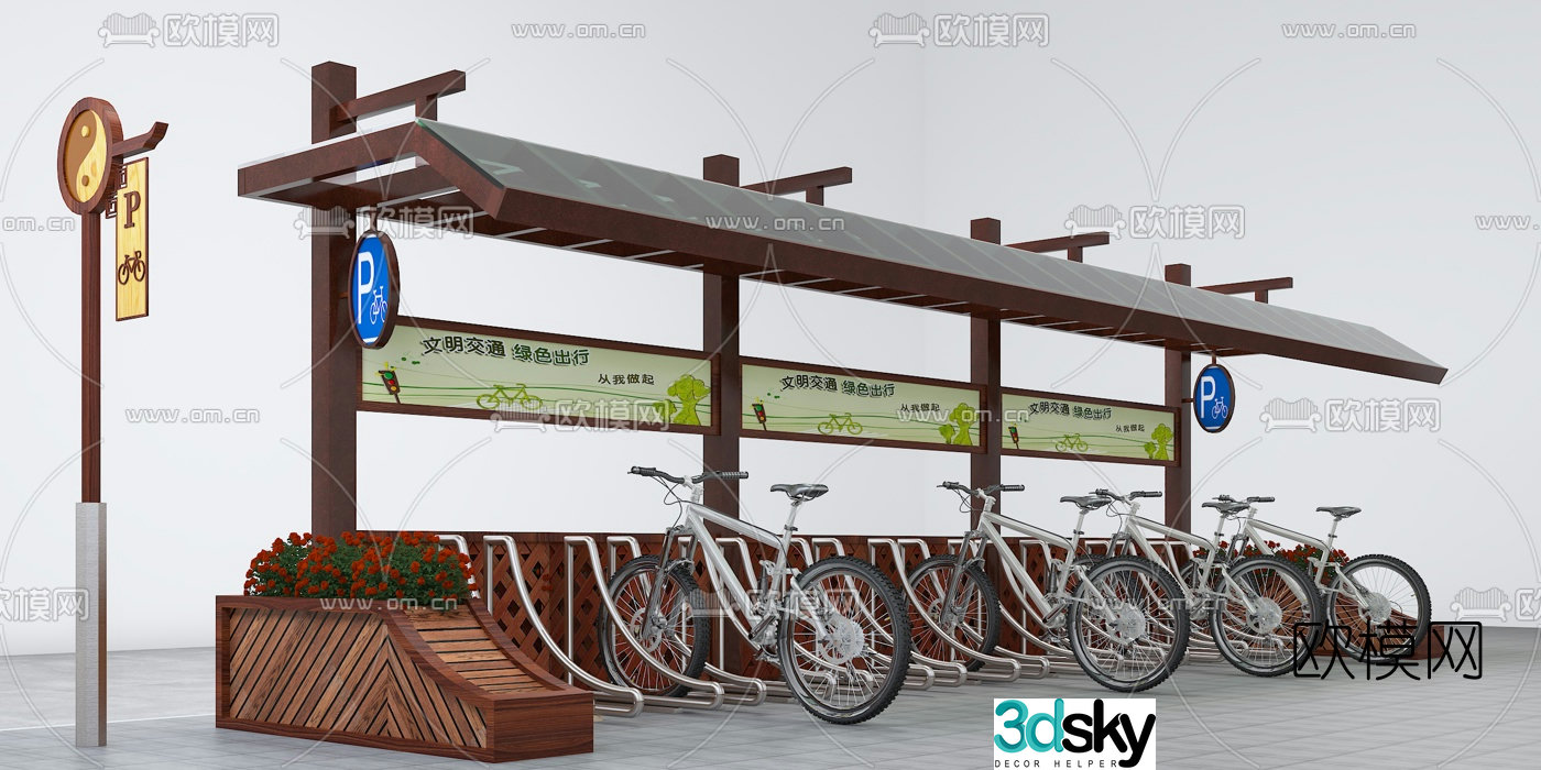 Chinese style bicycle parking shed 3d model