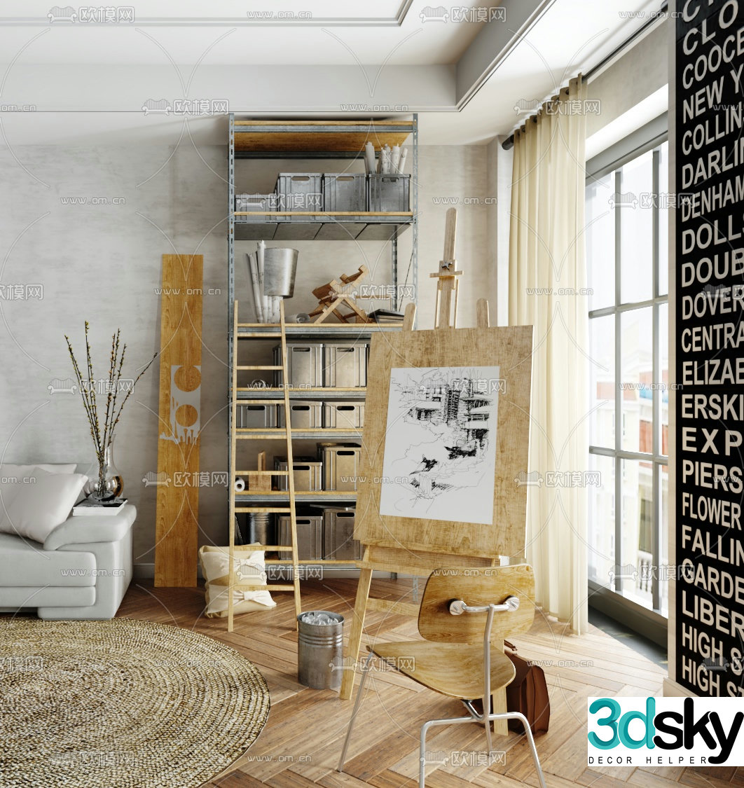 3d model of a corner of modern studio