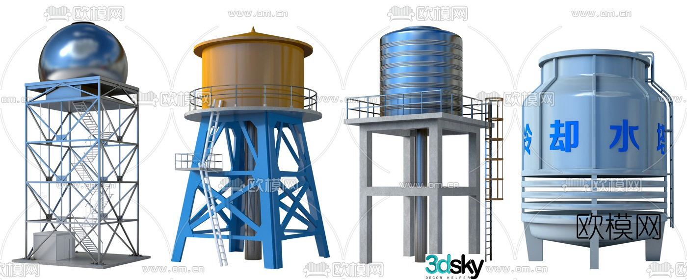 Modern cooling water tower water storage tank 3d model
