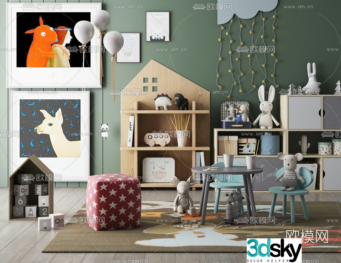 Nordic children’s bookcase table and chair 3d model